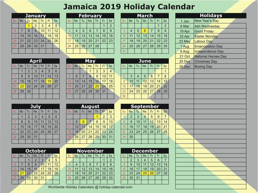 Jamaica 2019 / 2020 Holiday Calendar