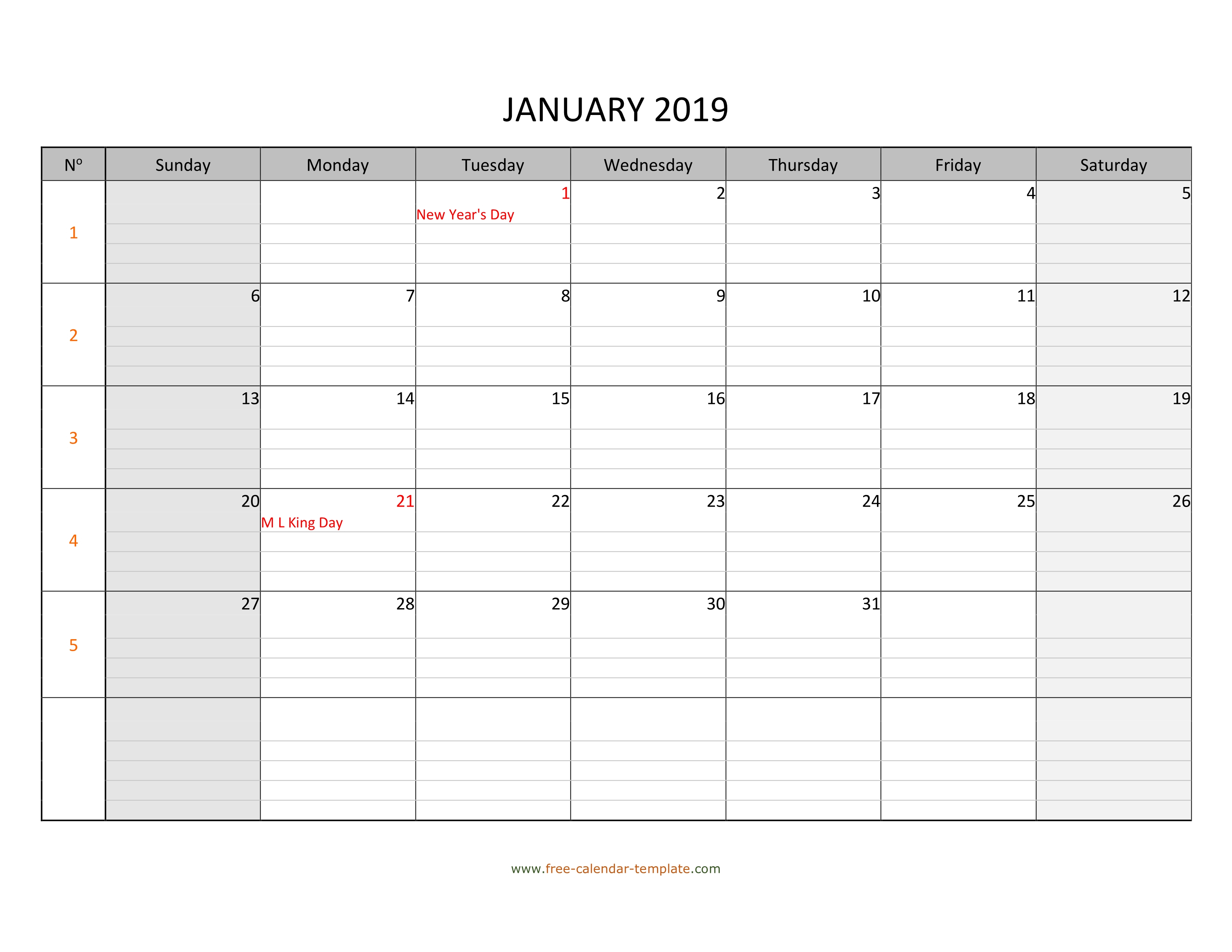 January 2019 Calendar Free Printable With Grid Lines