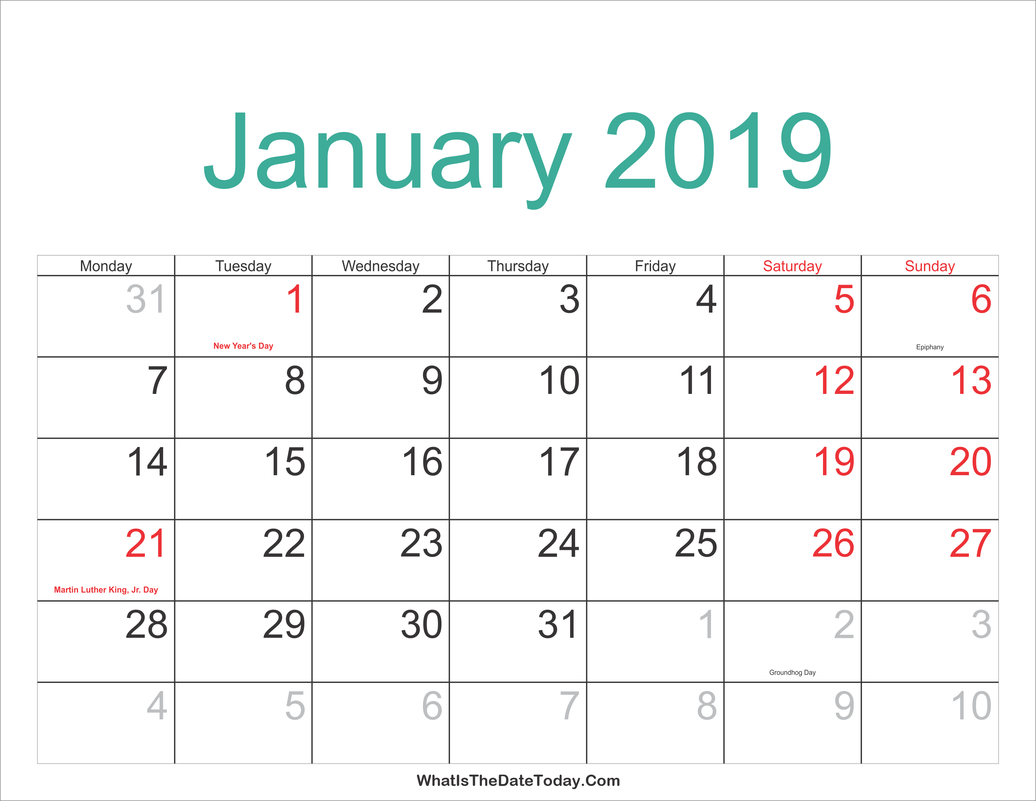 January 2019 Calendar With Holidays Printable | Monthly