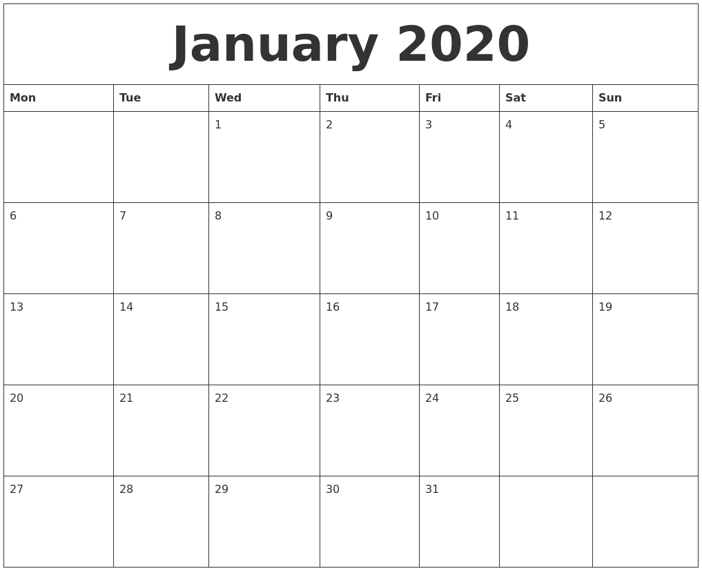 January 2020 Editable Calendar Template-Microsoft Word