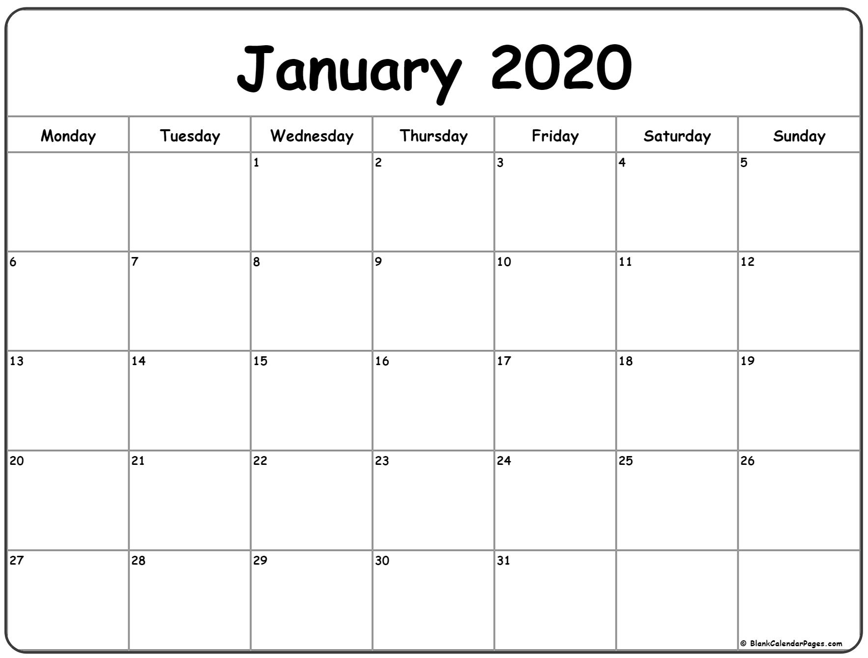 2020 Calendar Monday Thru Friday Monthly