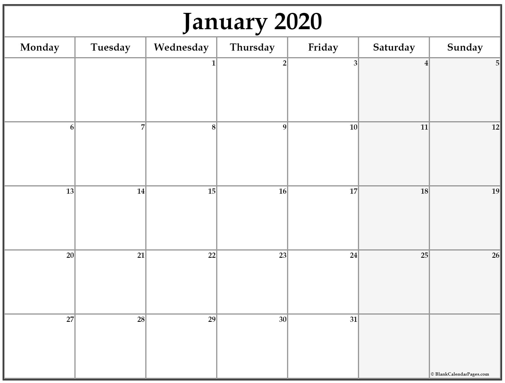 January 2020 Monday Calendar | Monday To Sunday