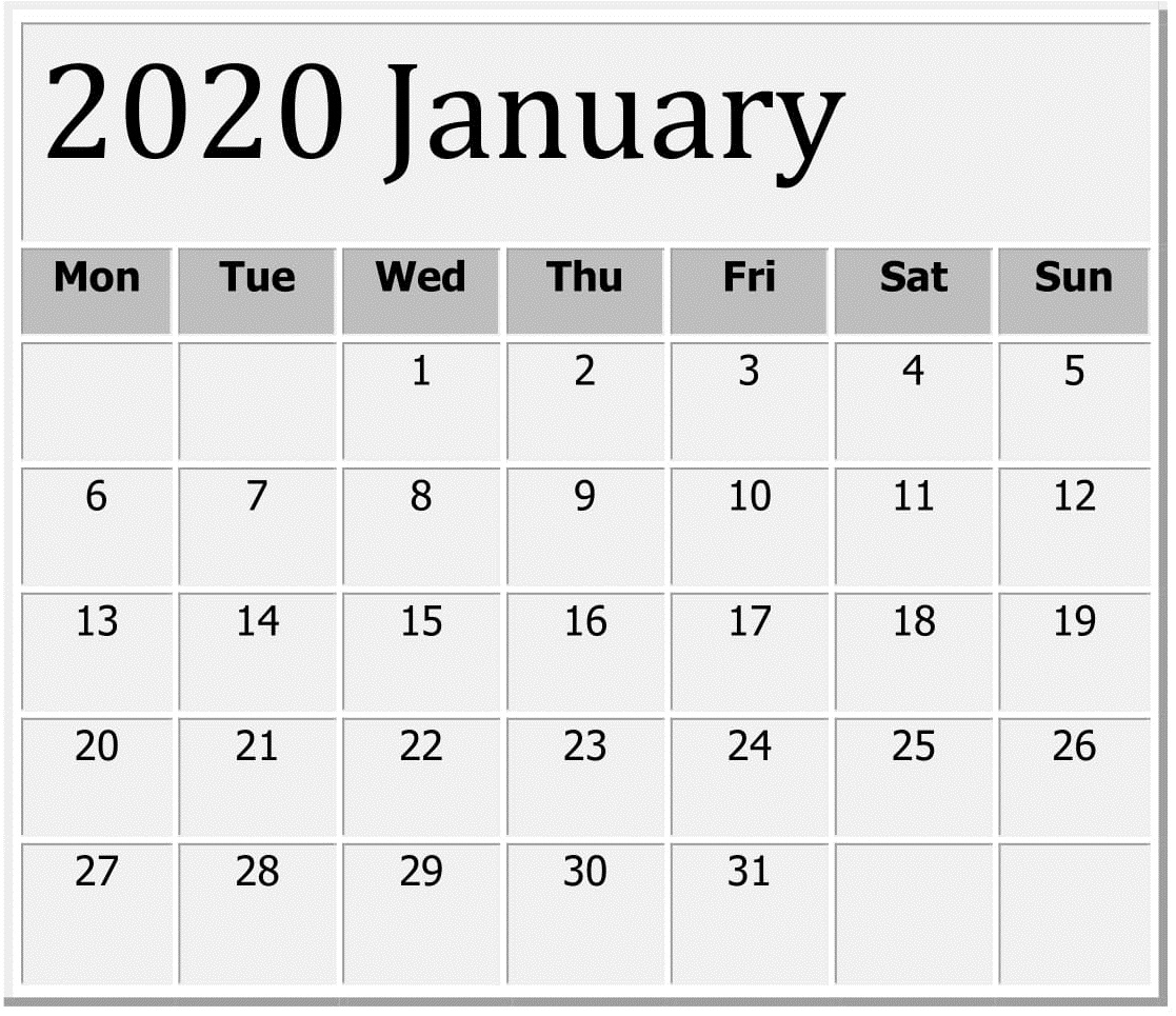 January 2020 Printable Calendar Large Print – Free Latest