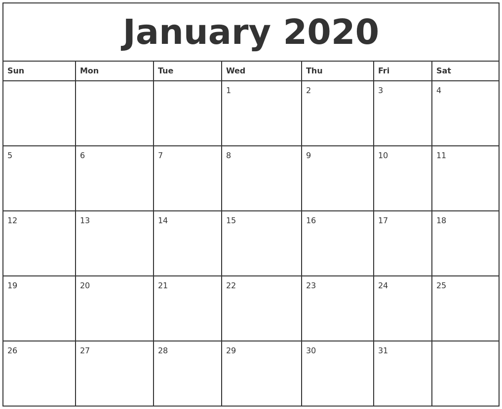 January 2020 Printable Monthly Calendar