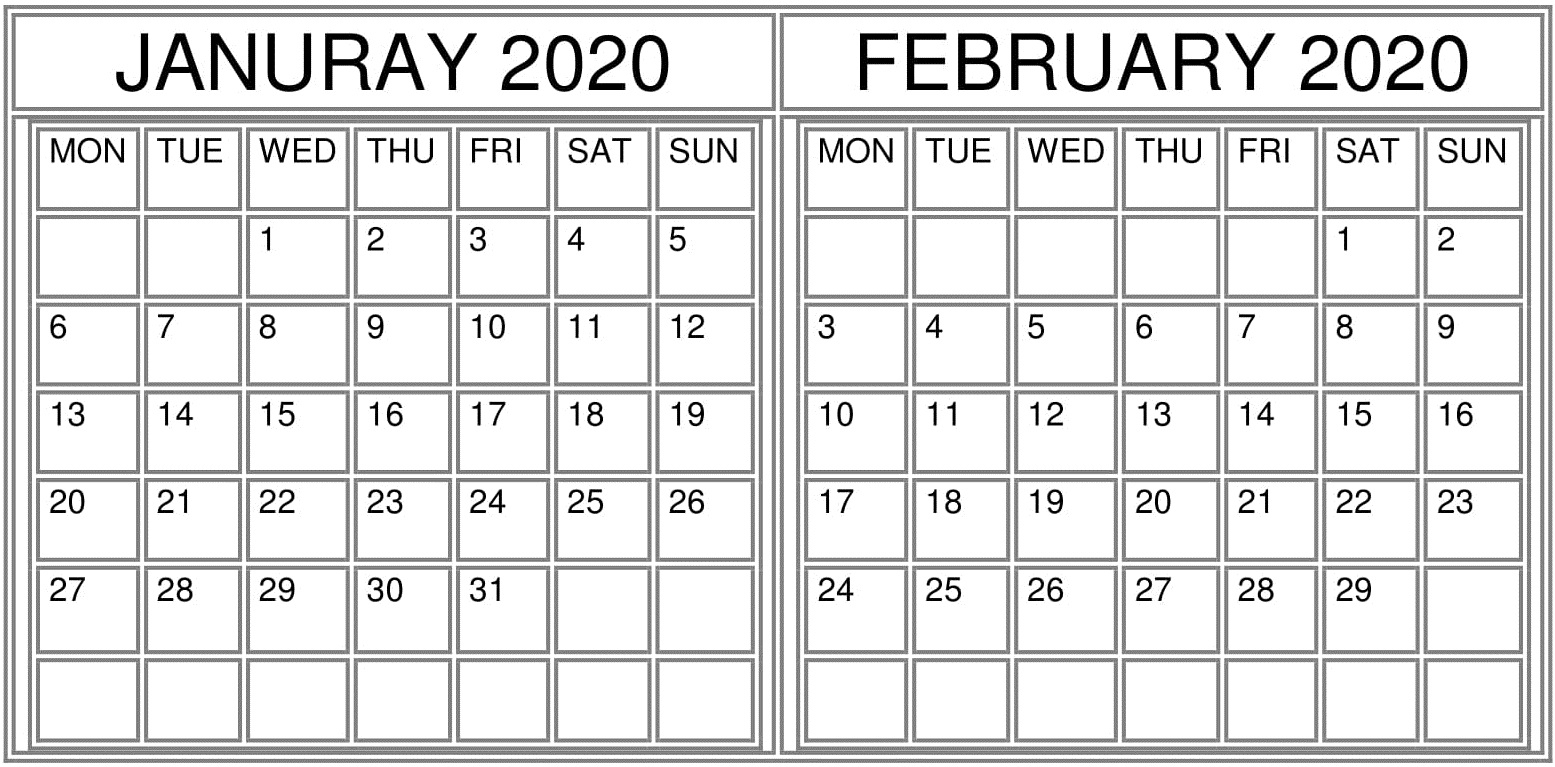 January February 2020 Calendar Excel,pdf Template – Free