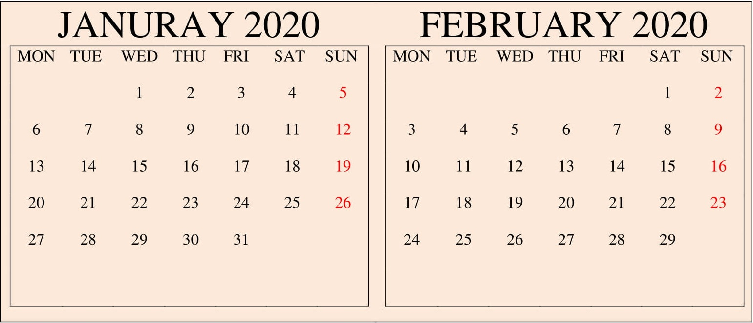 January February 2020 Calendar Excel,pdf Template – Free