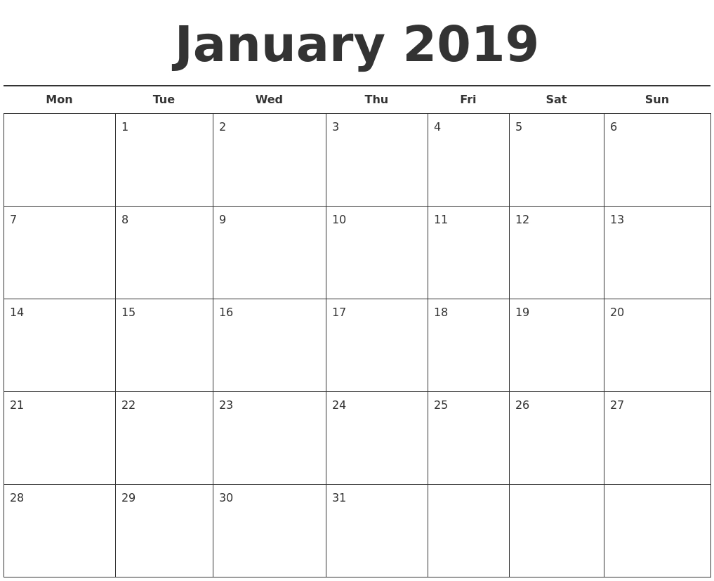 January Month Calendar 2019 Printable Template | Excel