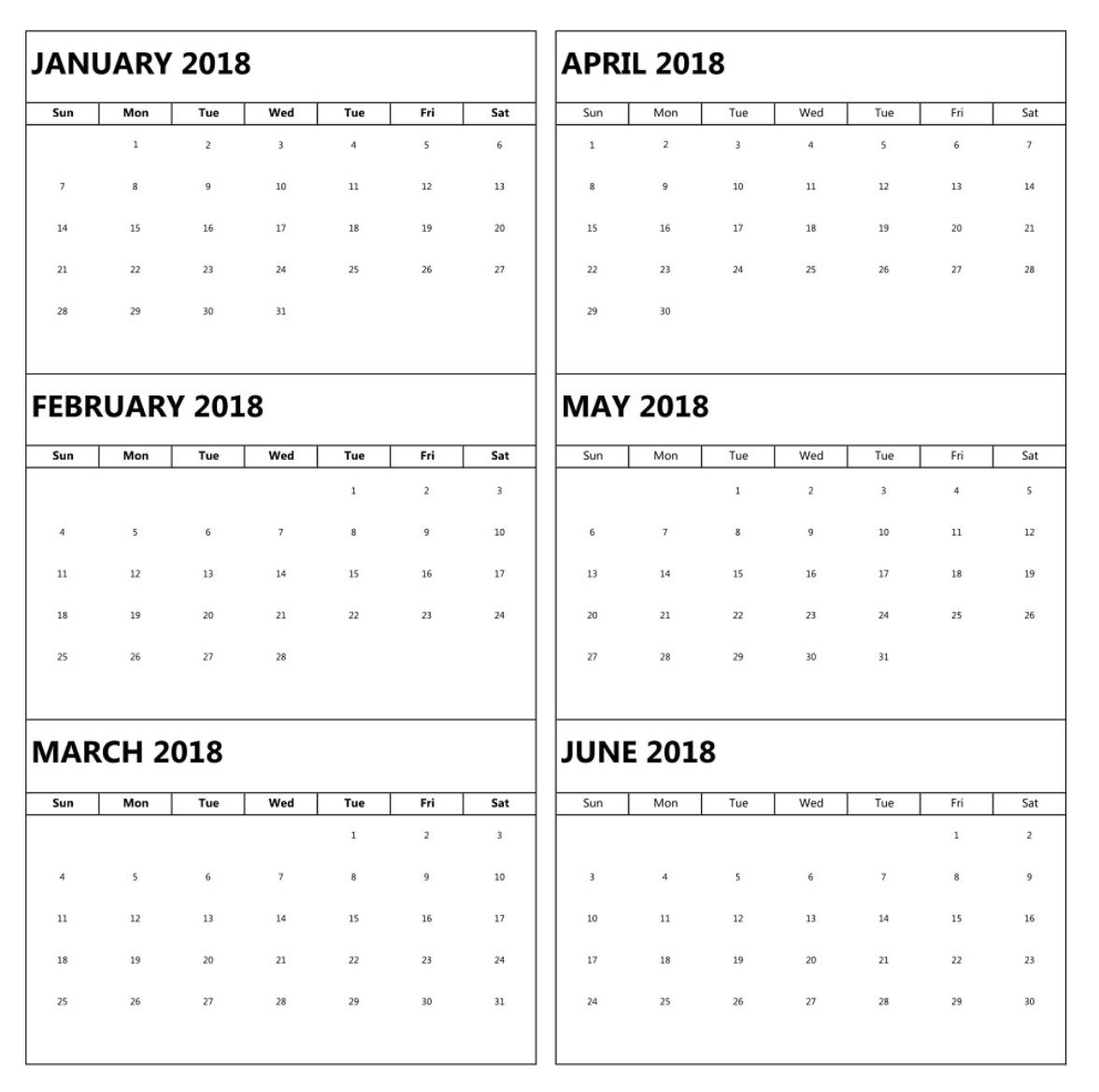 January To June 6 Months Calendar 2018 | Excel Calendar