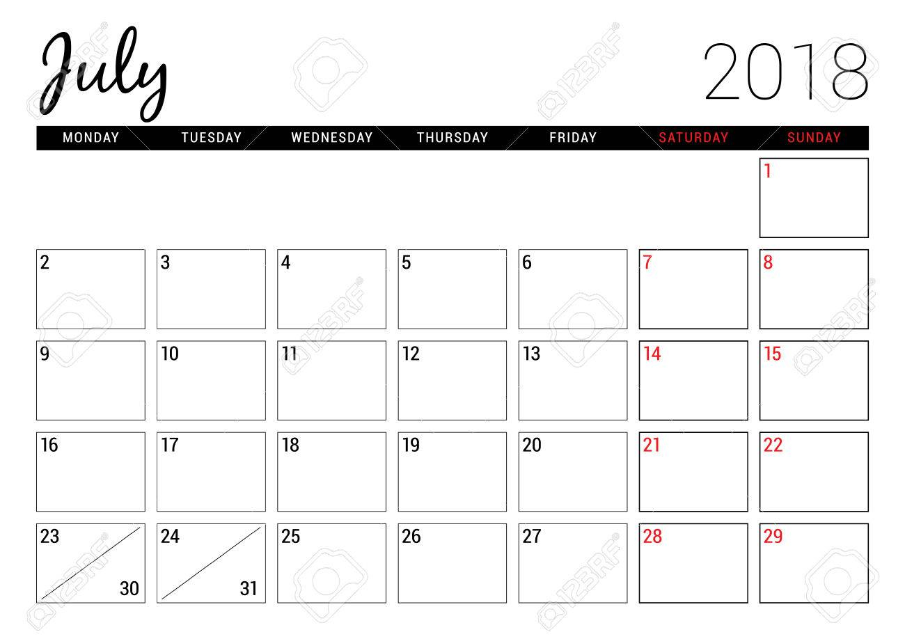 July 2018. Printable Calendar Planner Design Template. Week Starts..