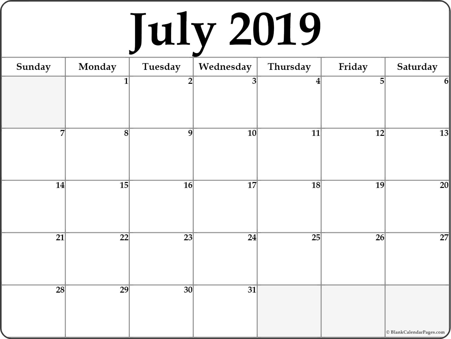 July 2019 Calendar | Free Printable Monthly Calendars