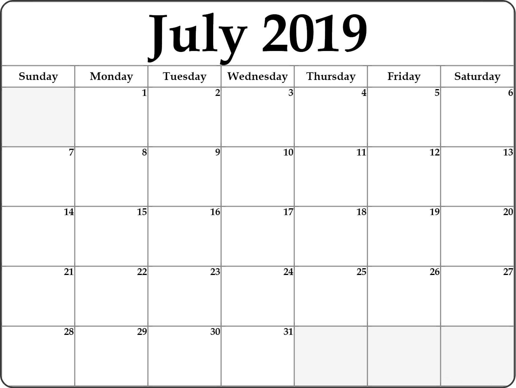 July 2019 Monthly Printable Calendar