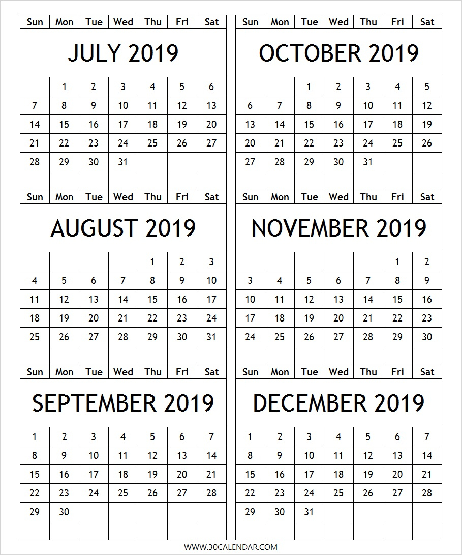 July-2019-To-December-2019-Calendar-Printable - 30 Day Calendar