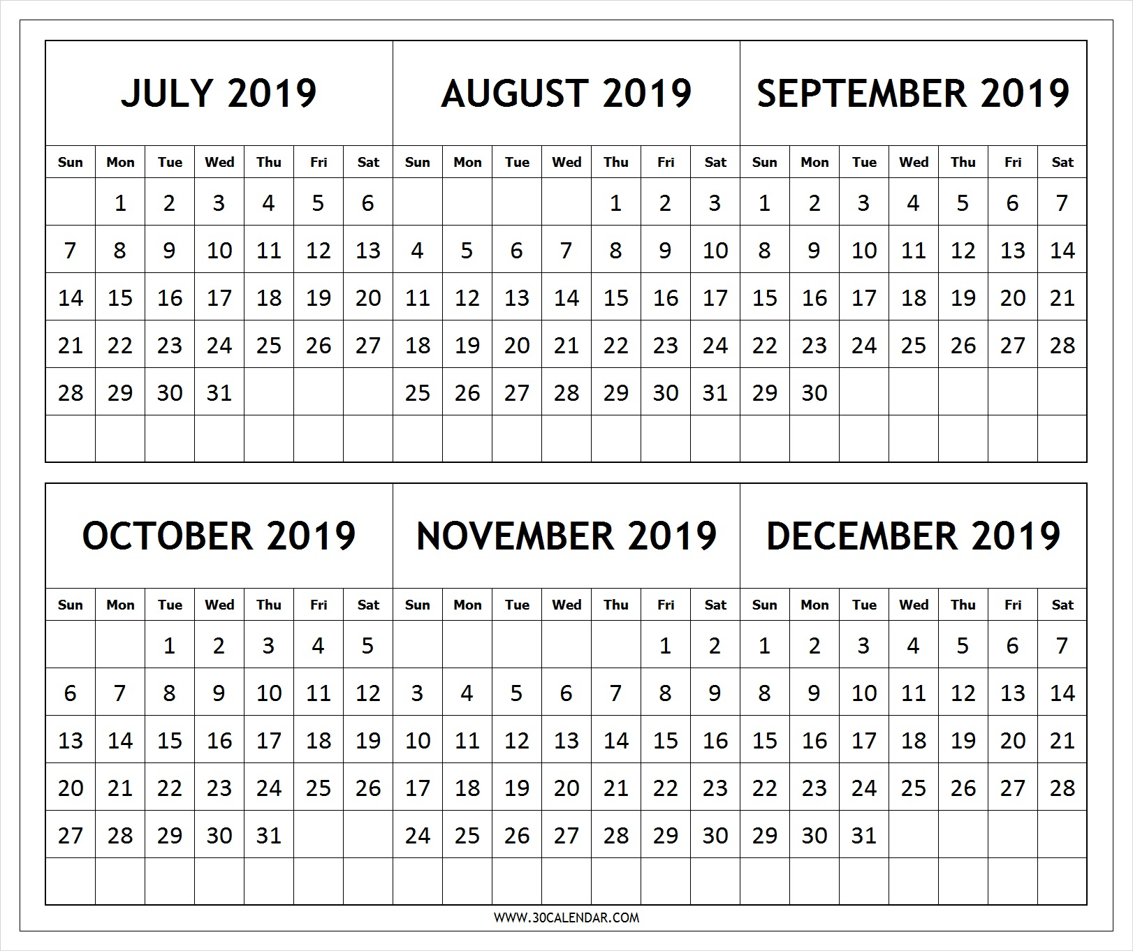 July-2019-To-December-2019-Calendar-Template - 30 Day Calendar