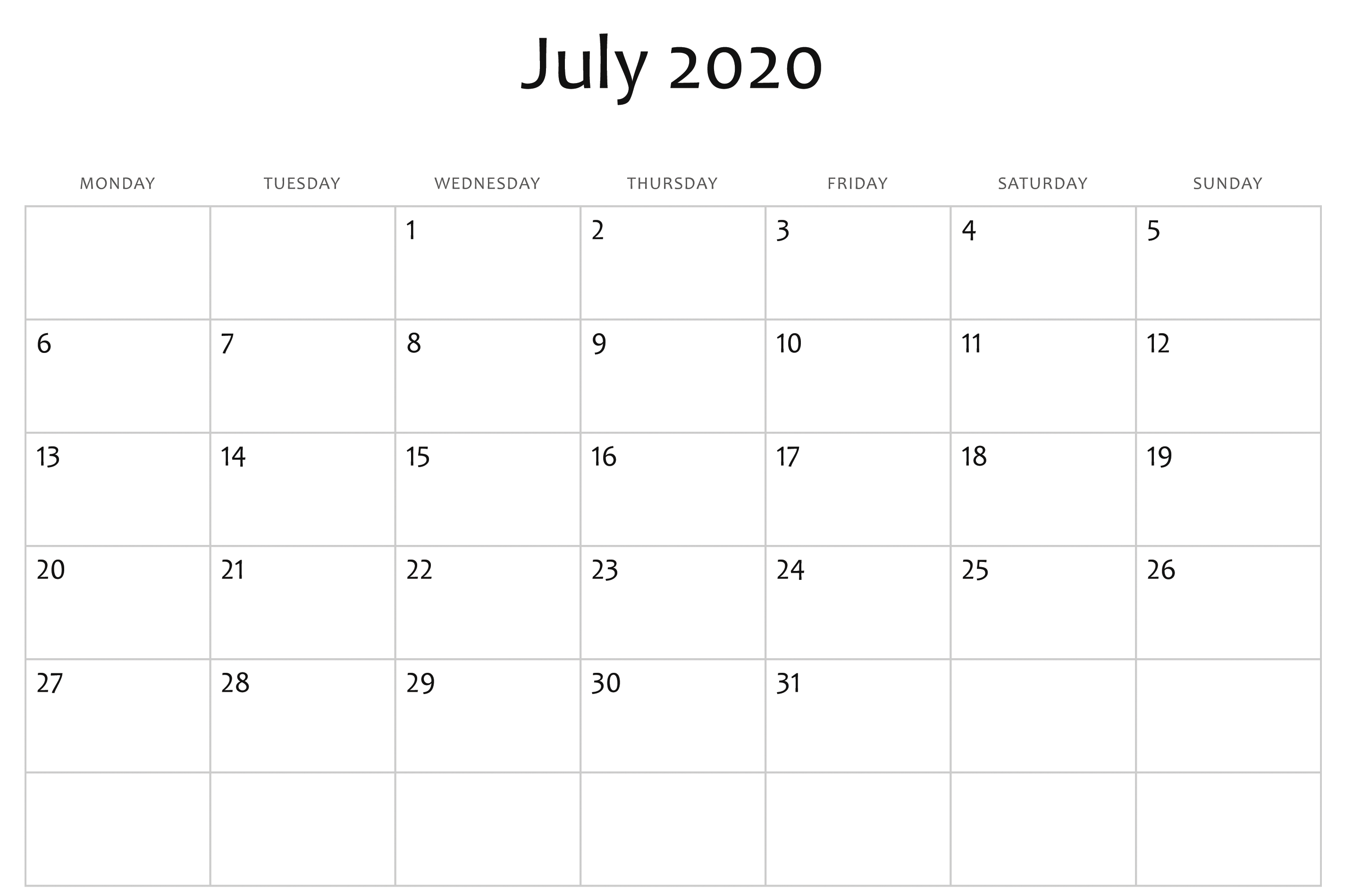 July 2020 Calendar Word | Monthly Calendar Template, Free