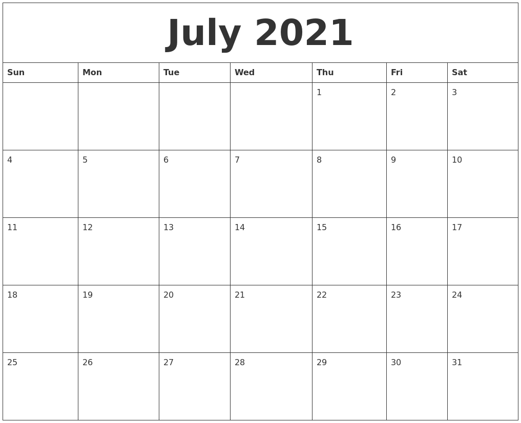 July 2021 Free Printable Monthly Calendar