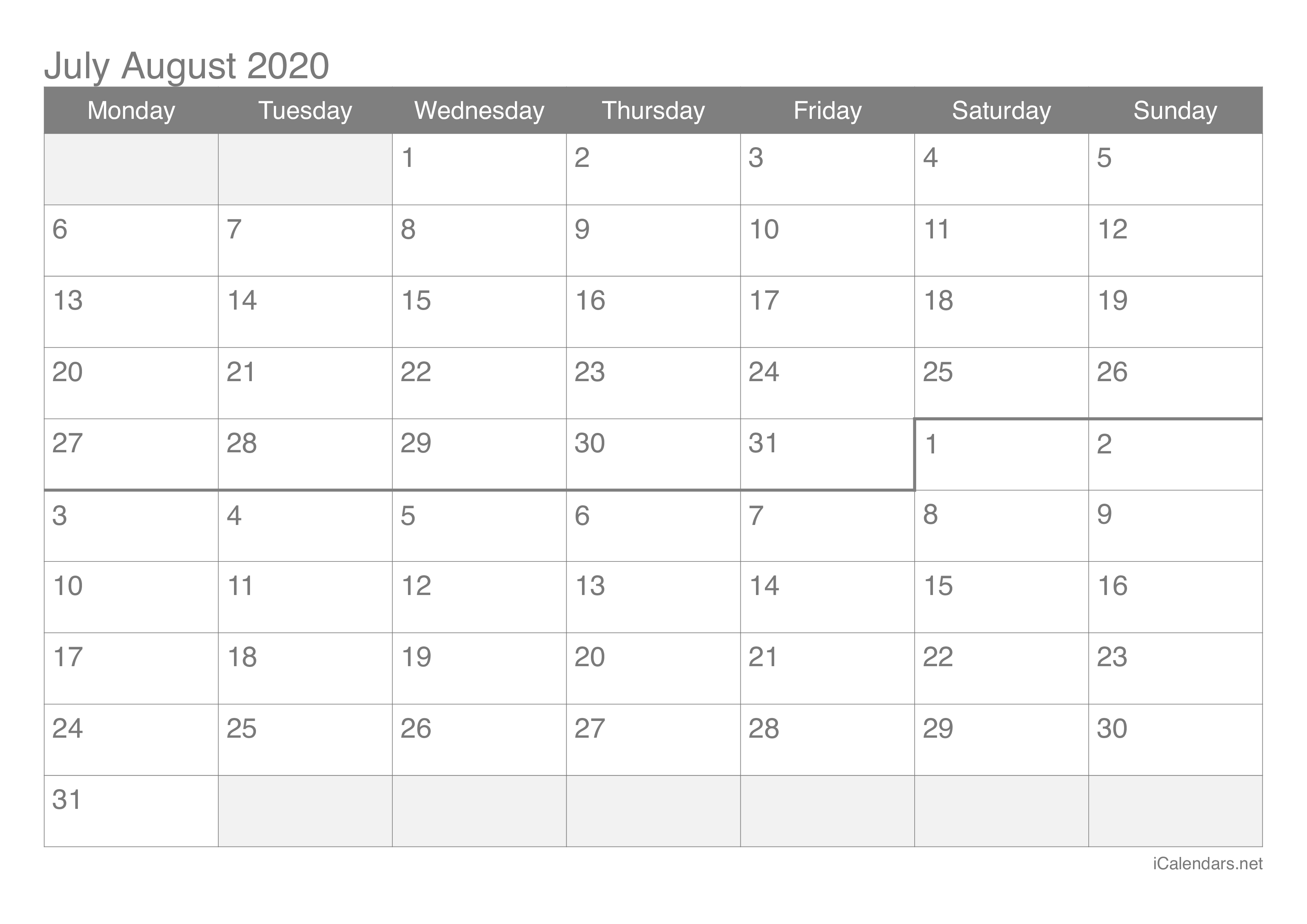 July And August 2020 Printable Calendar - Icalendars