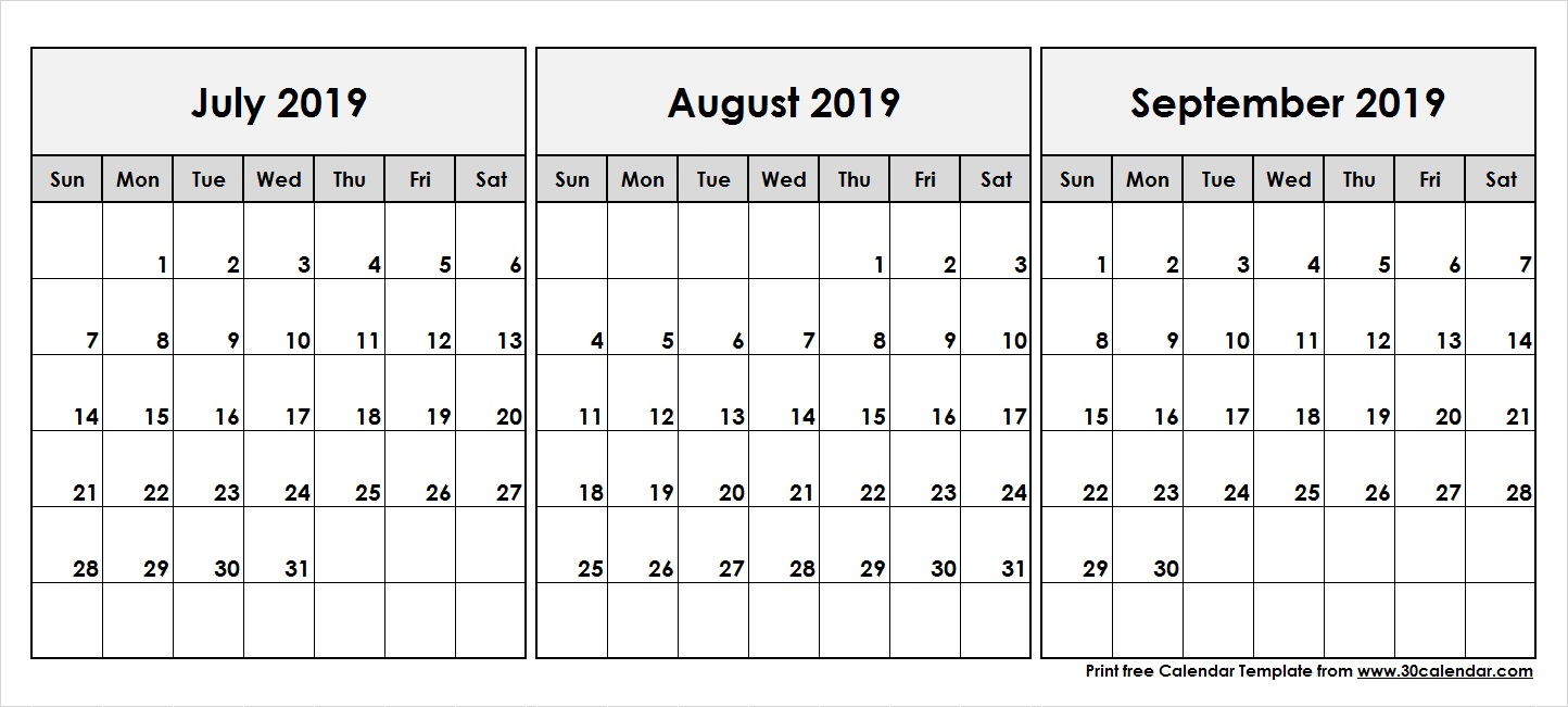 July August September 2019 Calendar | 3 Month Calendar Template