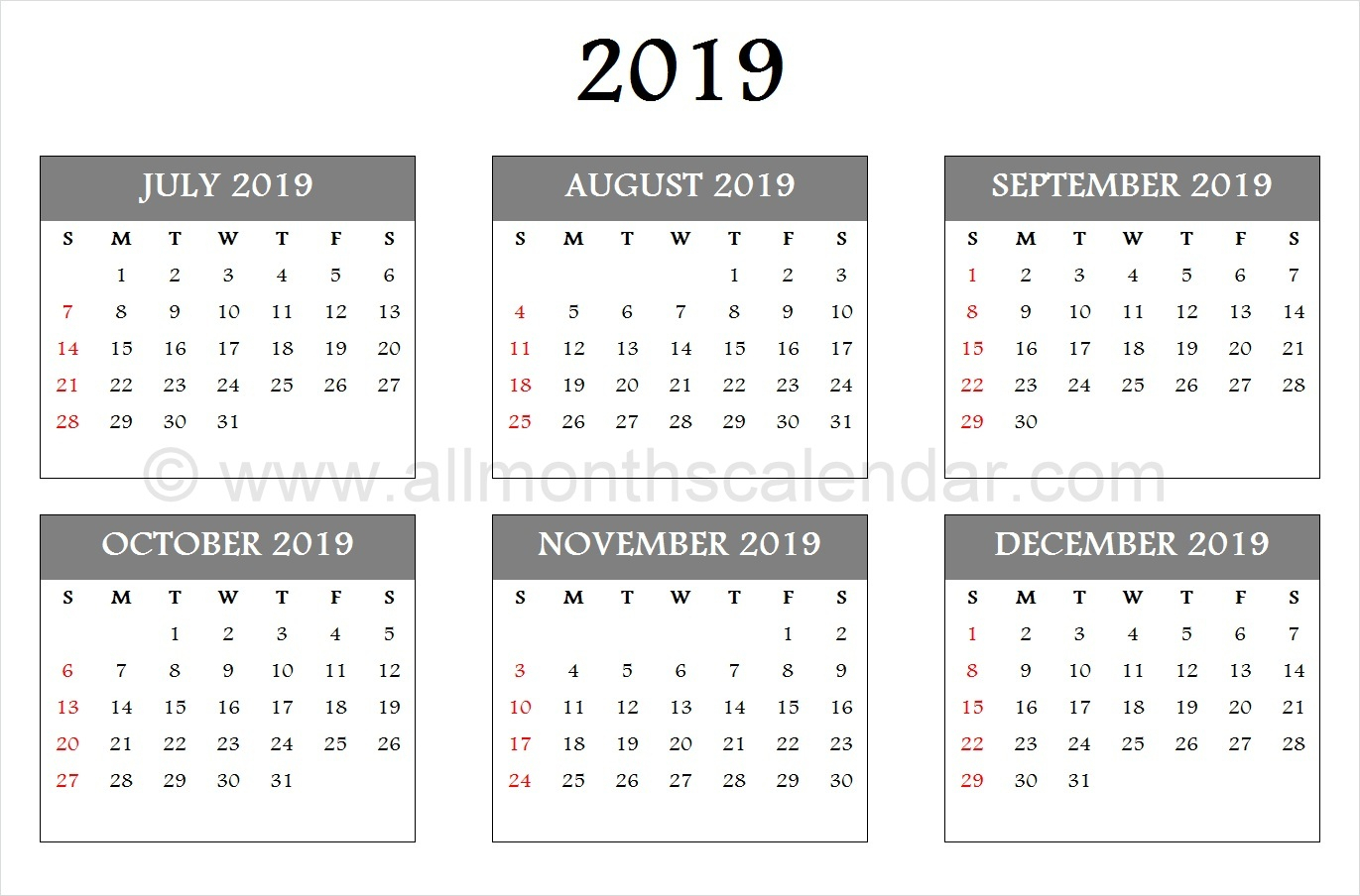 Aug – Dec 2019 Calendar