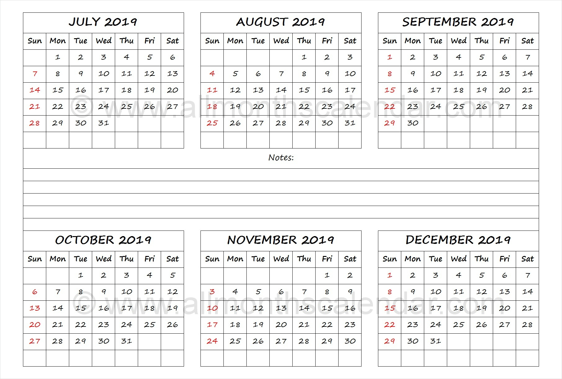 July To December 2019 Calendar Template | Calendar Templates