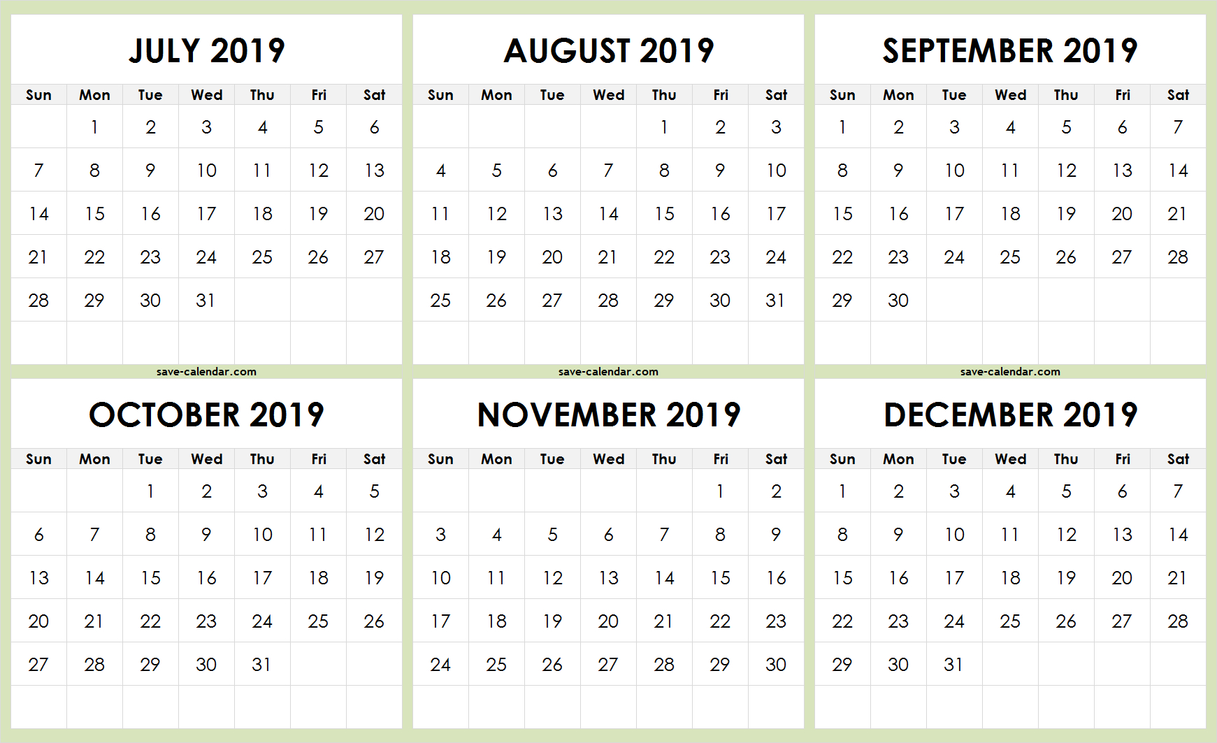 July To December 2019 Calendar Template Printable | Free