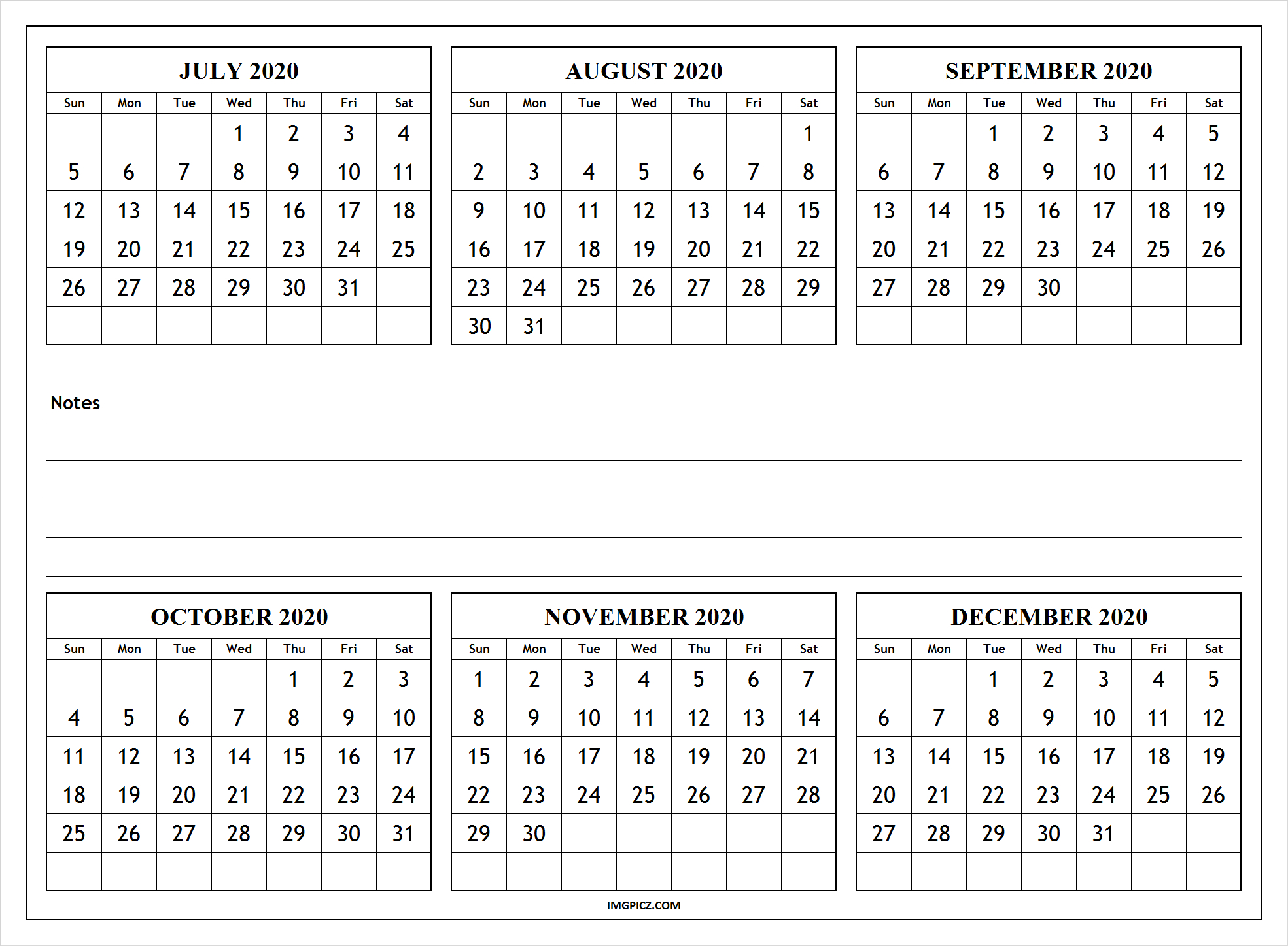 6 Months Calendar 2020 July To December Example Calendar Printable