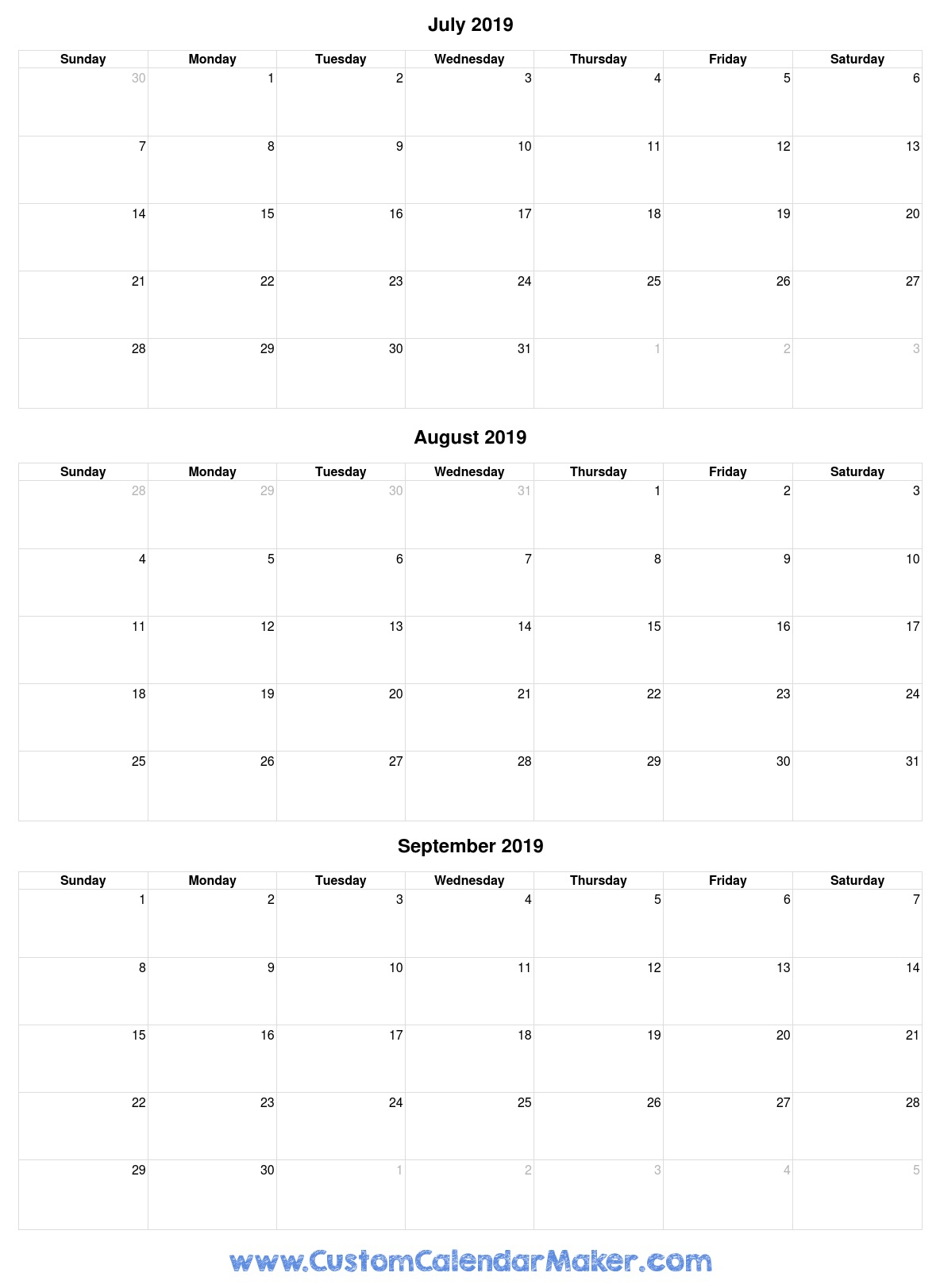 July To September 2019 Calendar - Free Printable Template