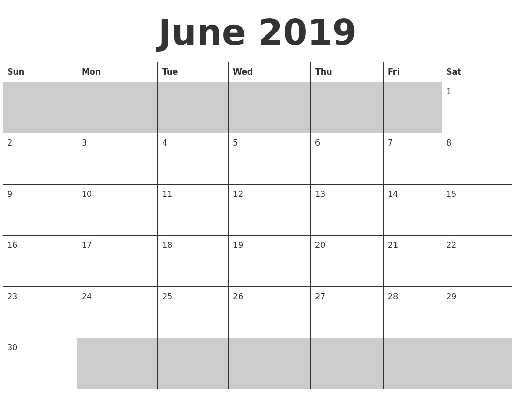 June 2019 Blank Printable Calendar-June And July Blank