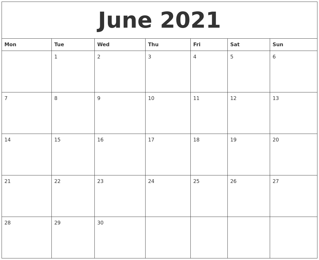 June 2021 Blank Monthly Calendar Template