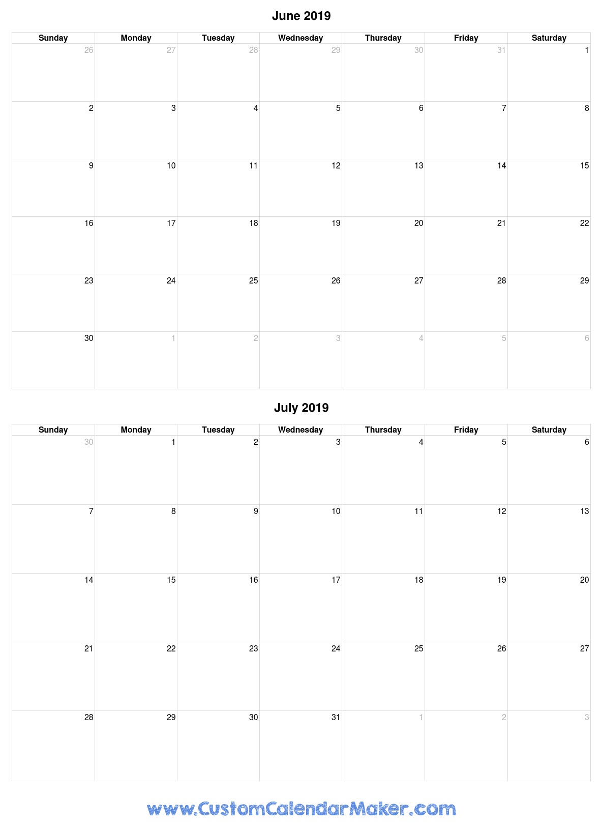 June And July 2019 Free Printable Calendar Template
