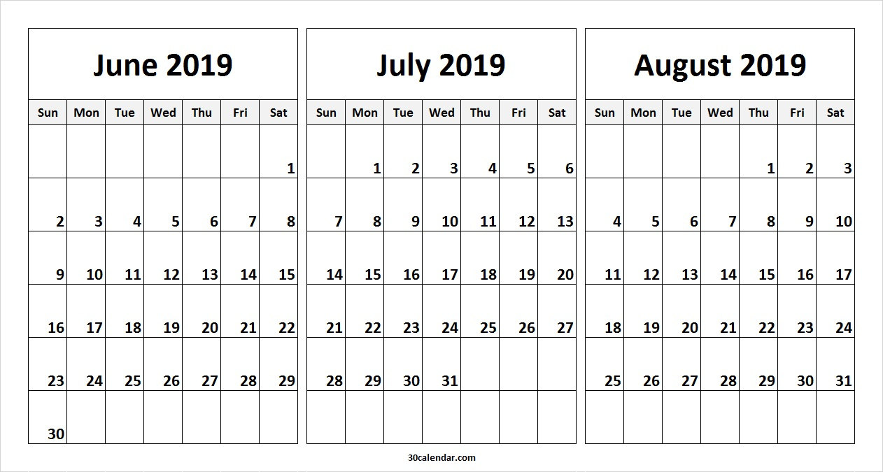 June July August 2019 Calendar | 3 Month Calendar Template