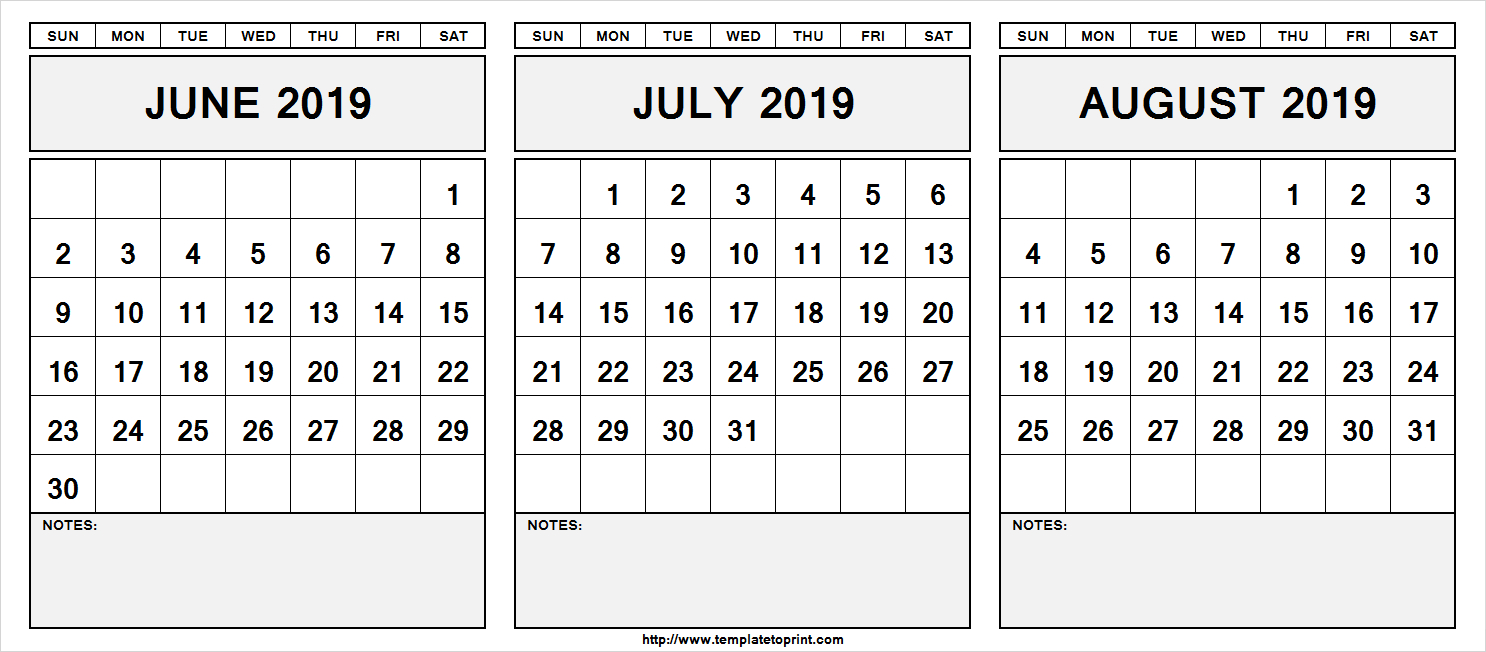 June July August 2019 Calendar Printable Template Pdf Word