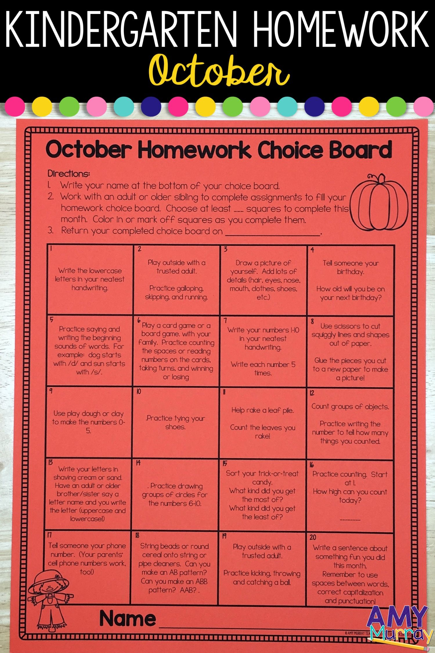 Kindergarten Homework Menu October | Kindergarten Homework