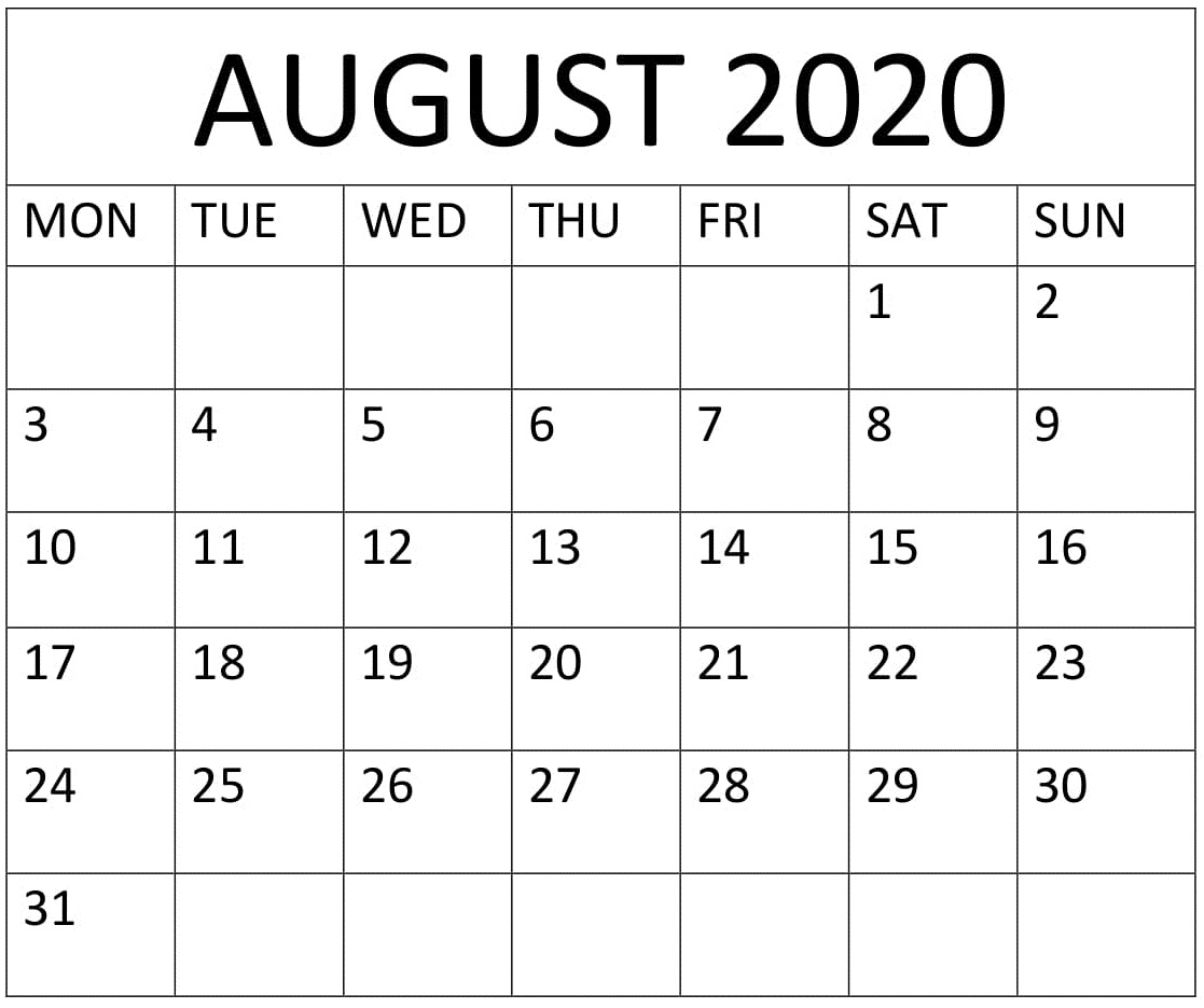 Large Print Calendar 2020 August Example Calendar Printable