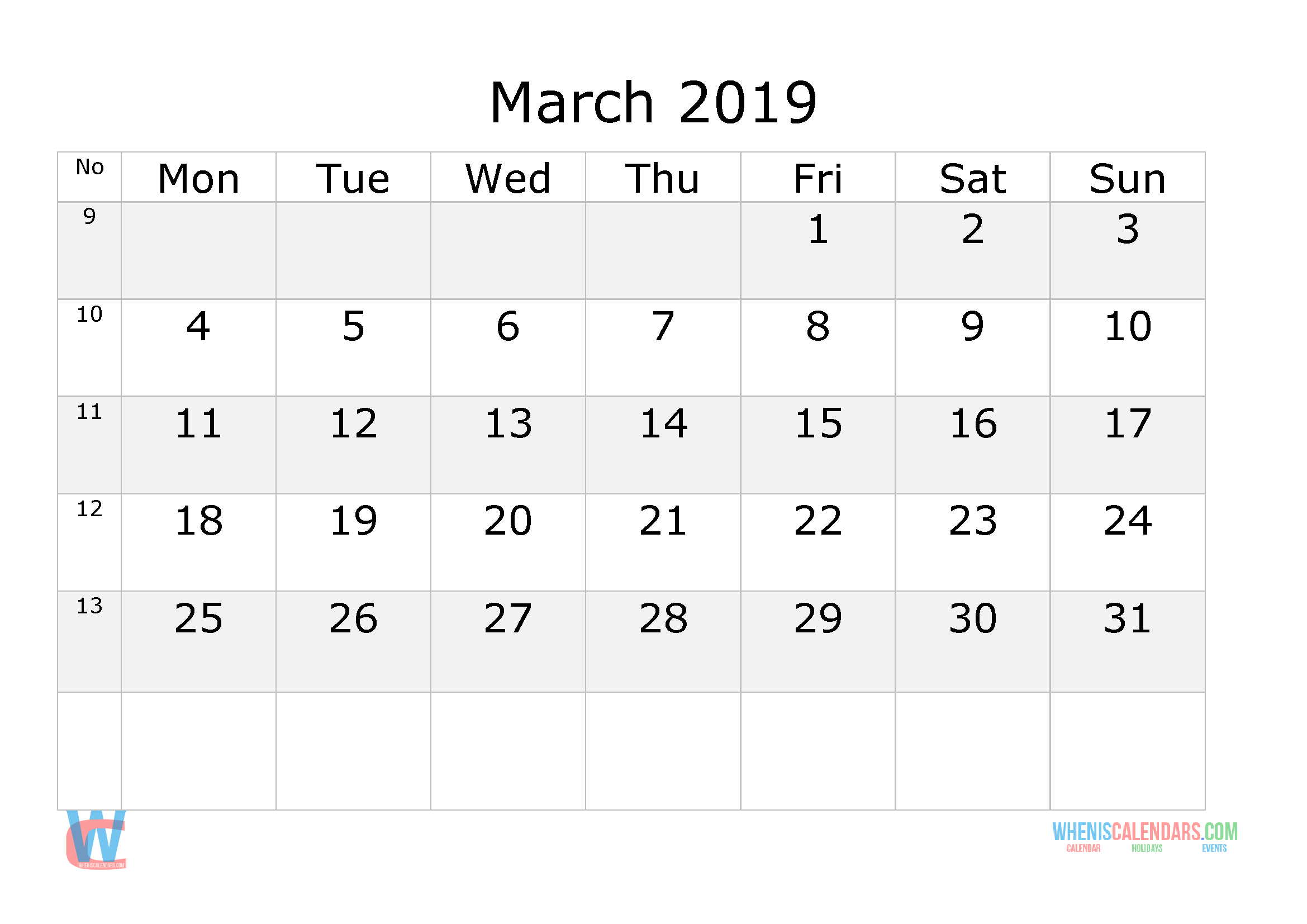 March 2019 Calendar With Week Numbers Printable, Start