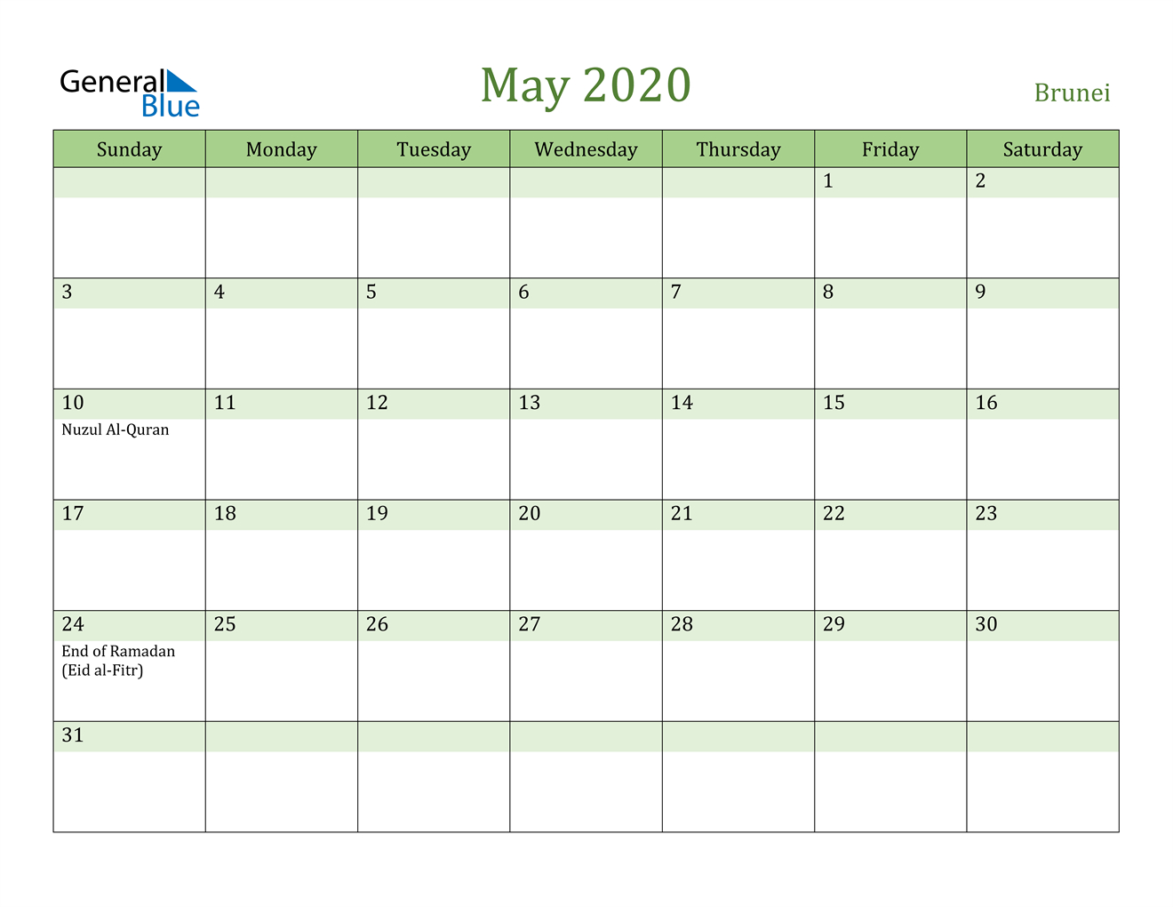 May 2020 Calendar - Brunei