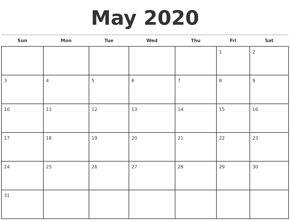 May 2020 Monthly Calendar Template-Monthly Calendar