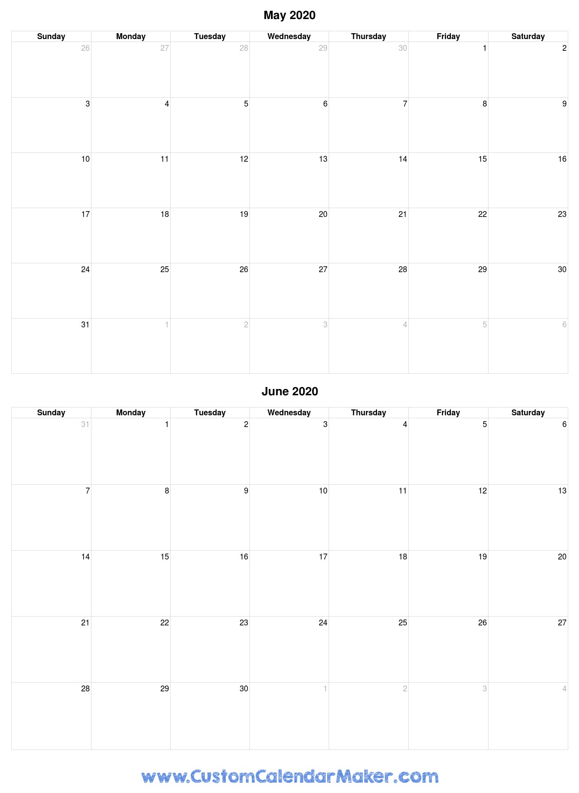 May And June 2020 Free Printable Calendar Template