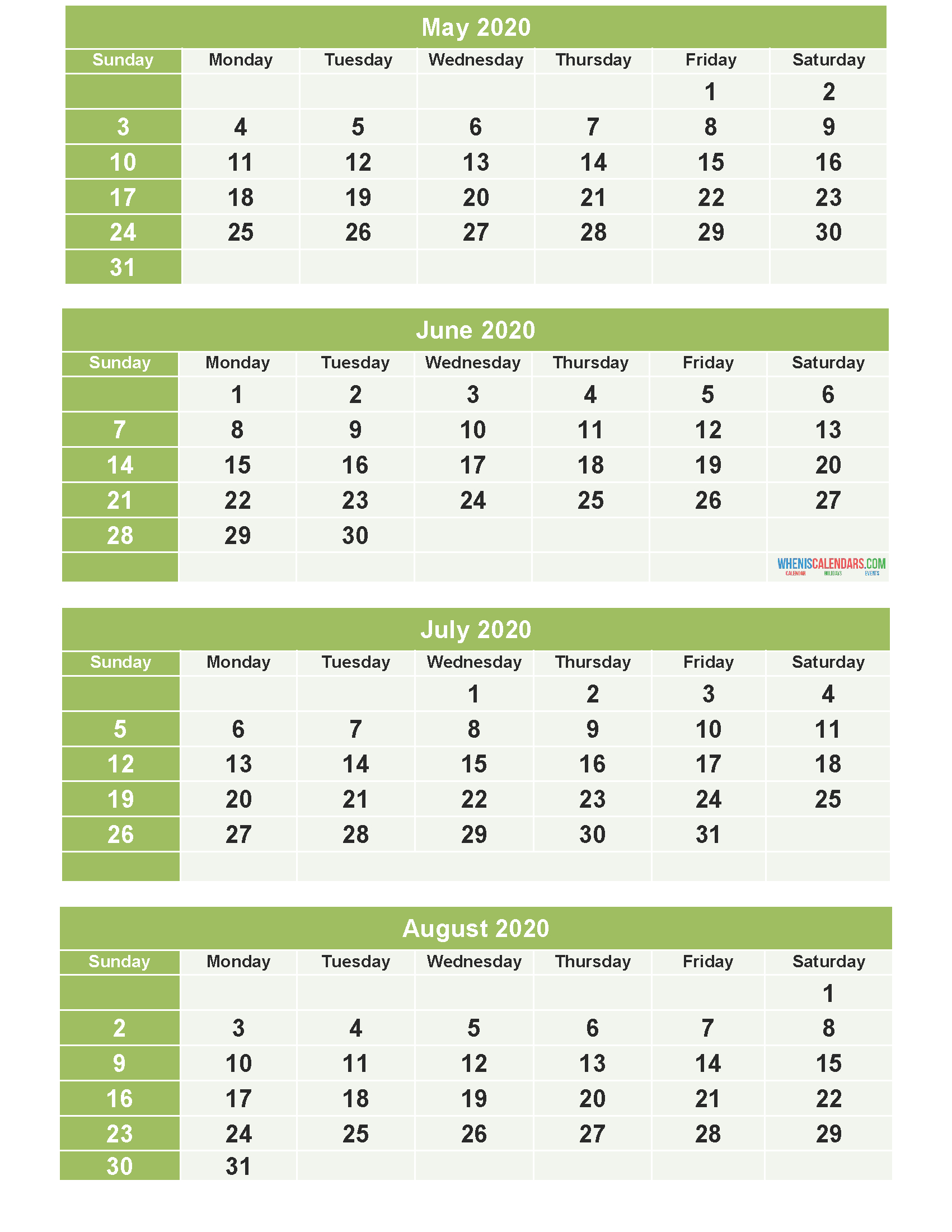 May June July August 2020 Calendar With Holidays Printable