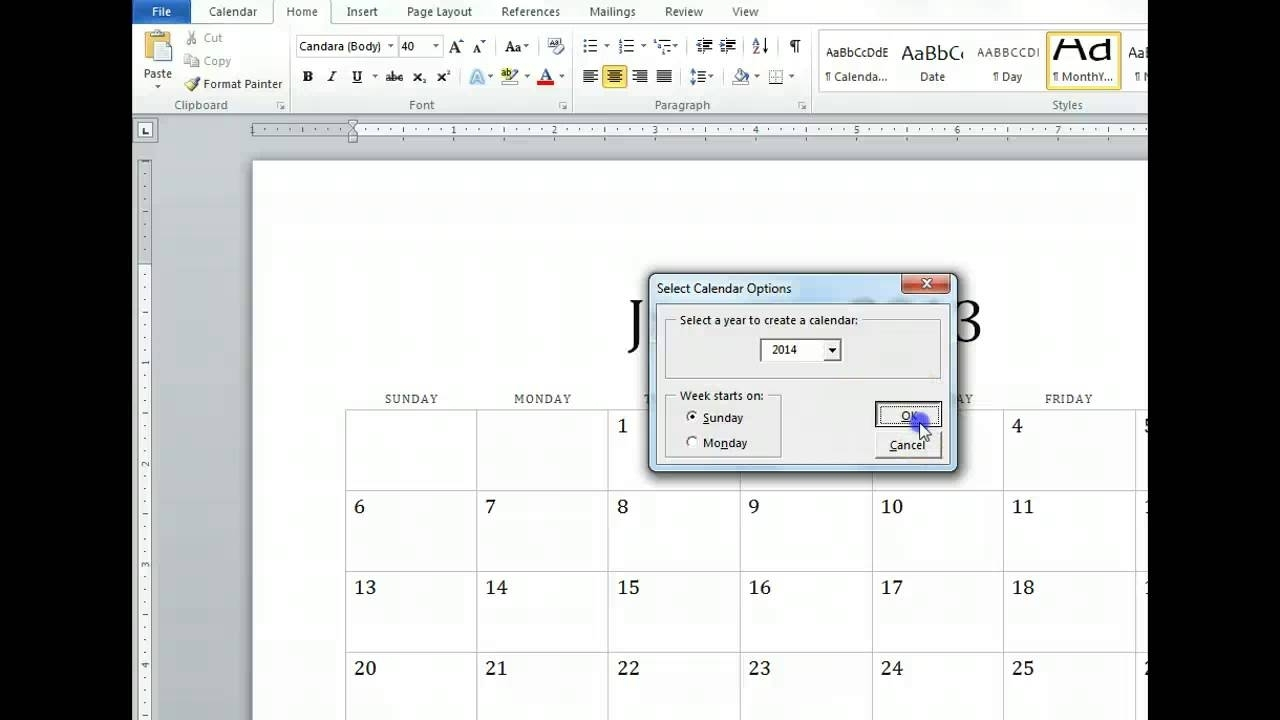 Editable calendar to insert into word