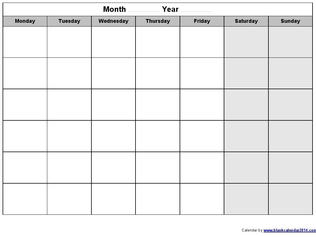 Monday To Friday Monthly Calendar Template | Monthly