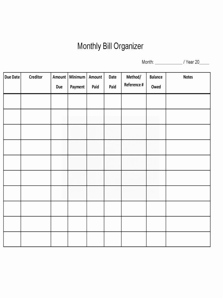 Printable Yearly Bill Chart