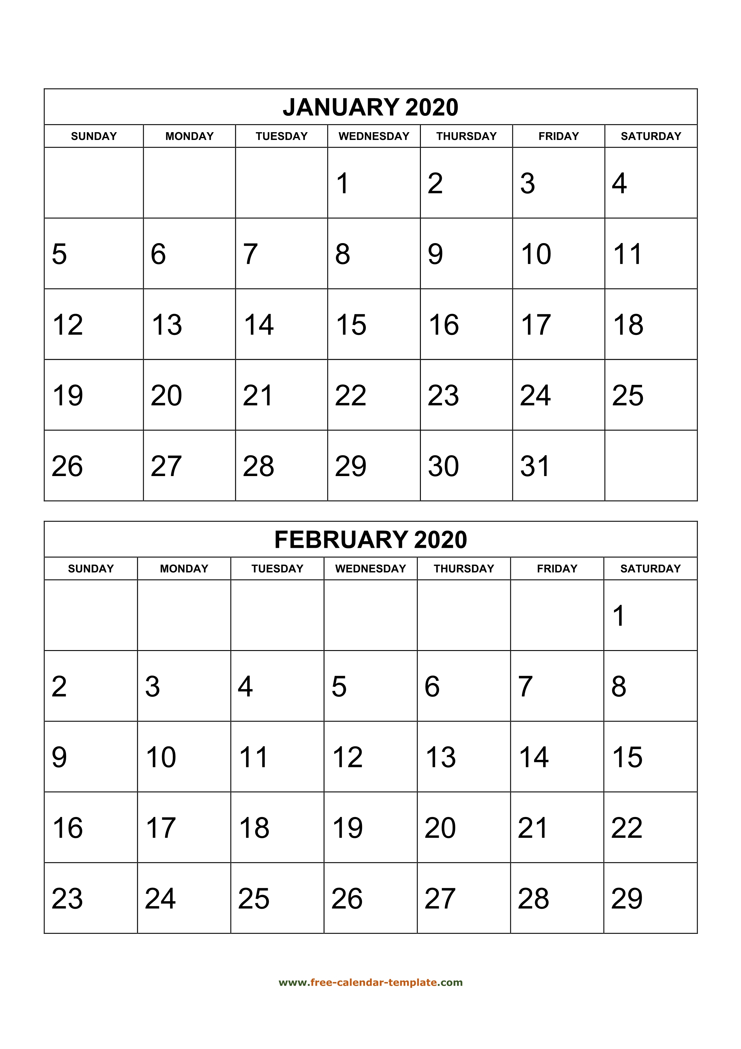 Monthly Calendar 2020, 2 Months Per Page (Vertical) | Free