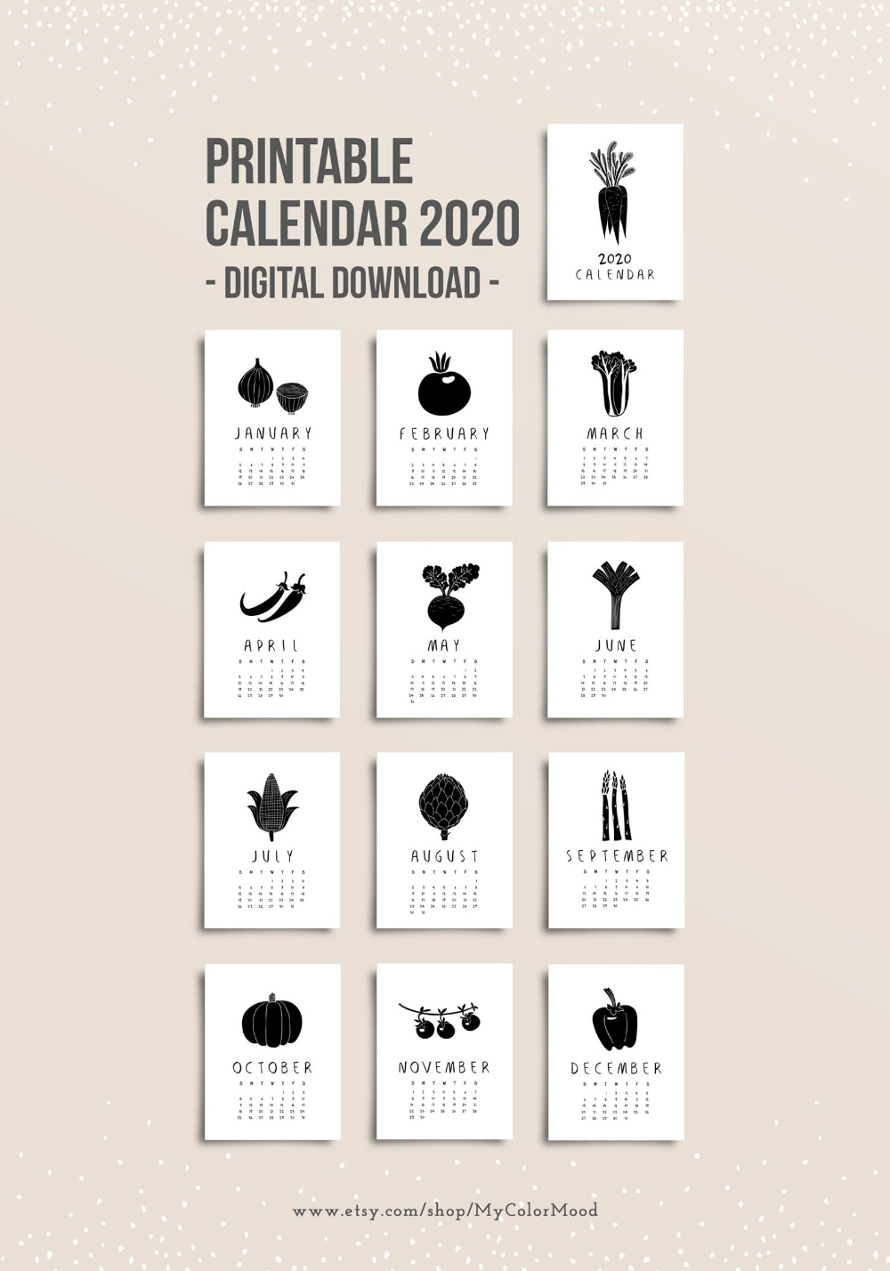 Monthly Calendar 2020, Printable Kitchen Calendar Pages