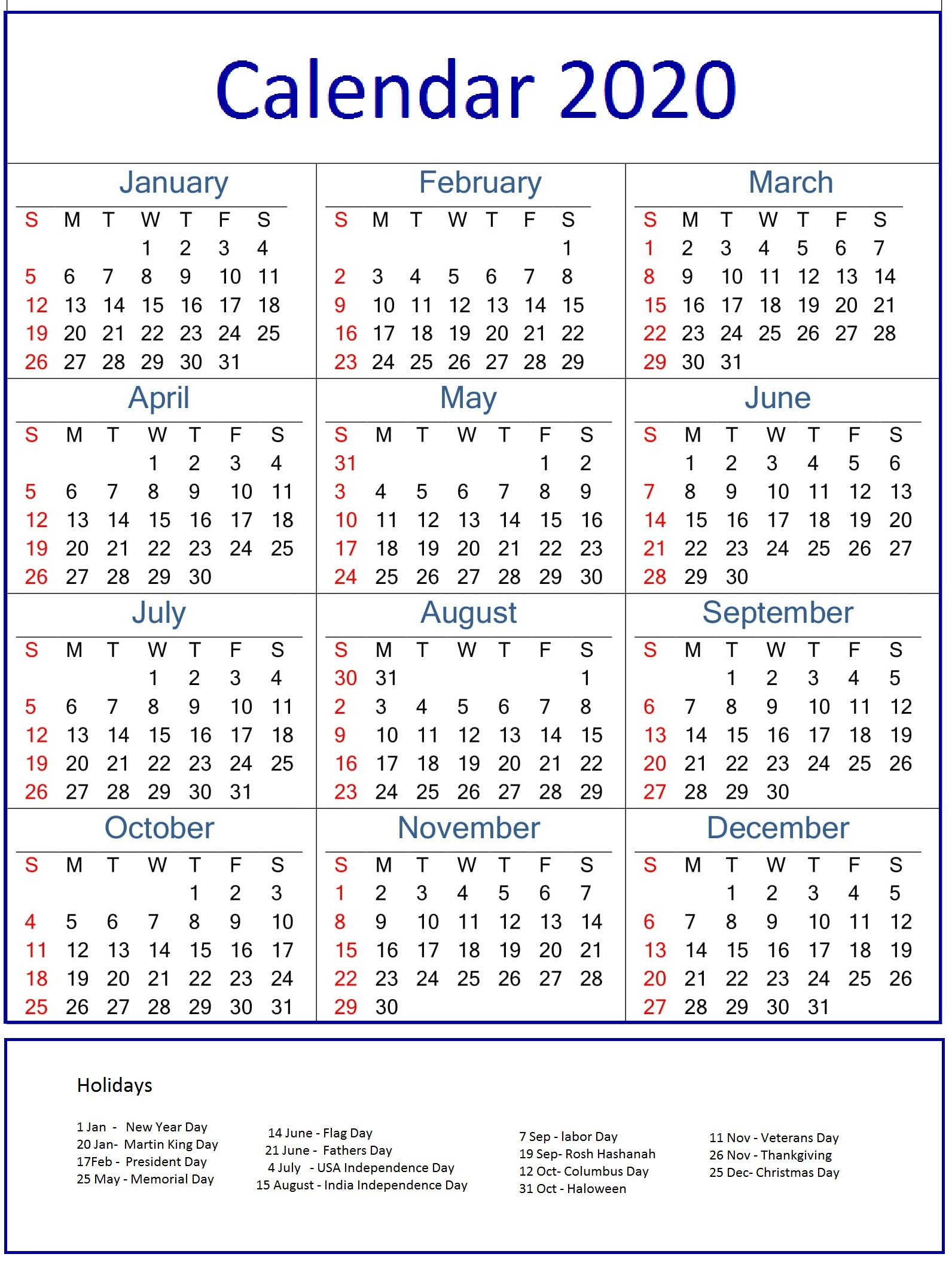 Monthly Calendar Holidays 2020 | Calendar Ideas Design Creative