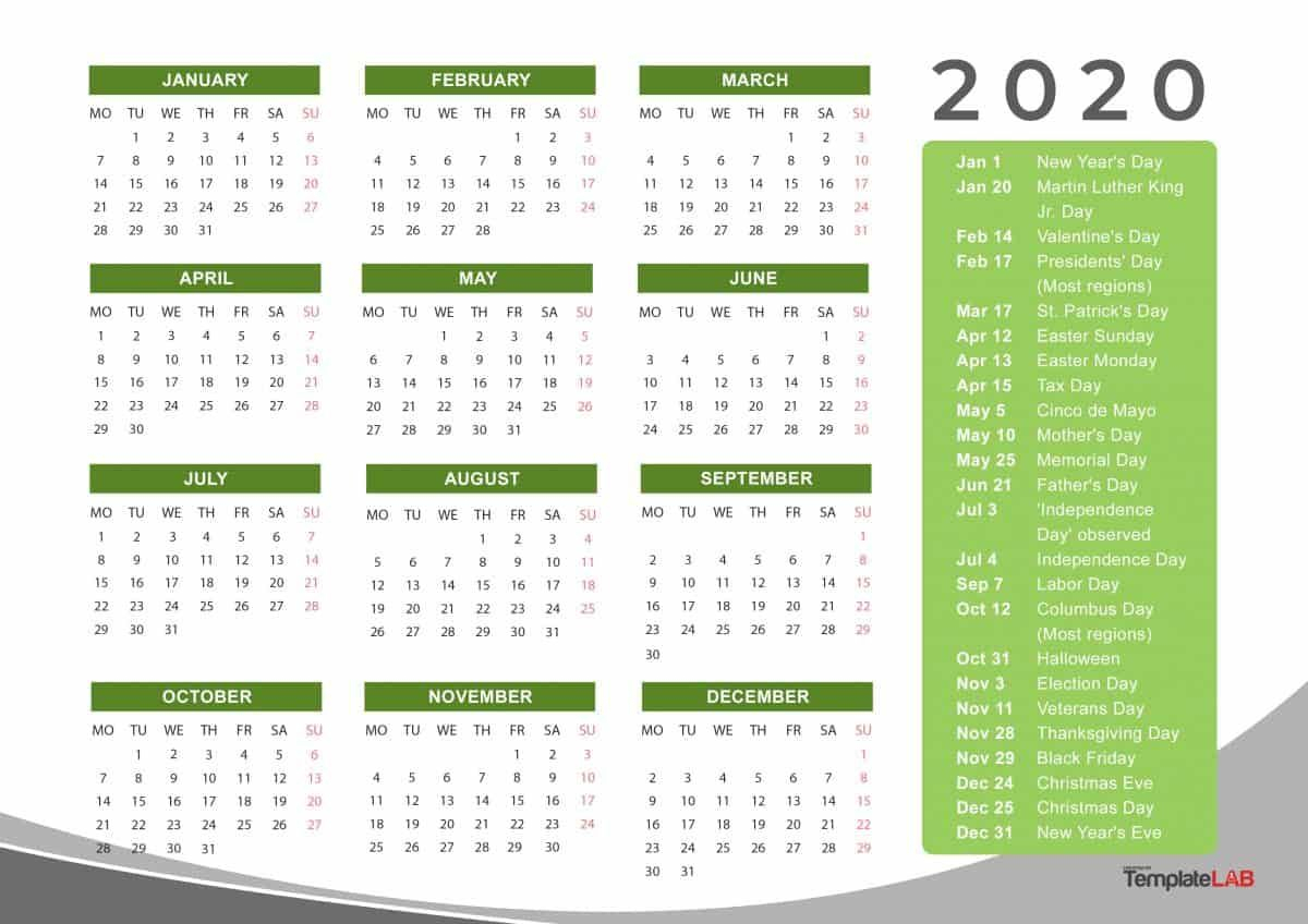 Monthly Calendar Holidays 2020 | Calendar Ideas Design Creative