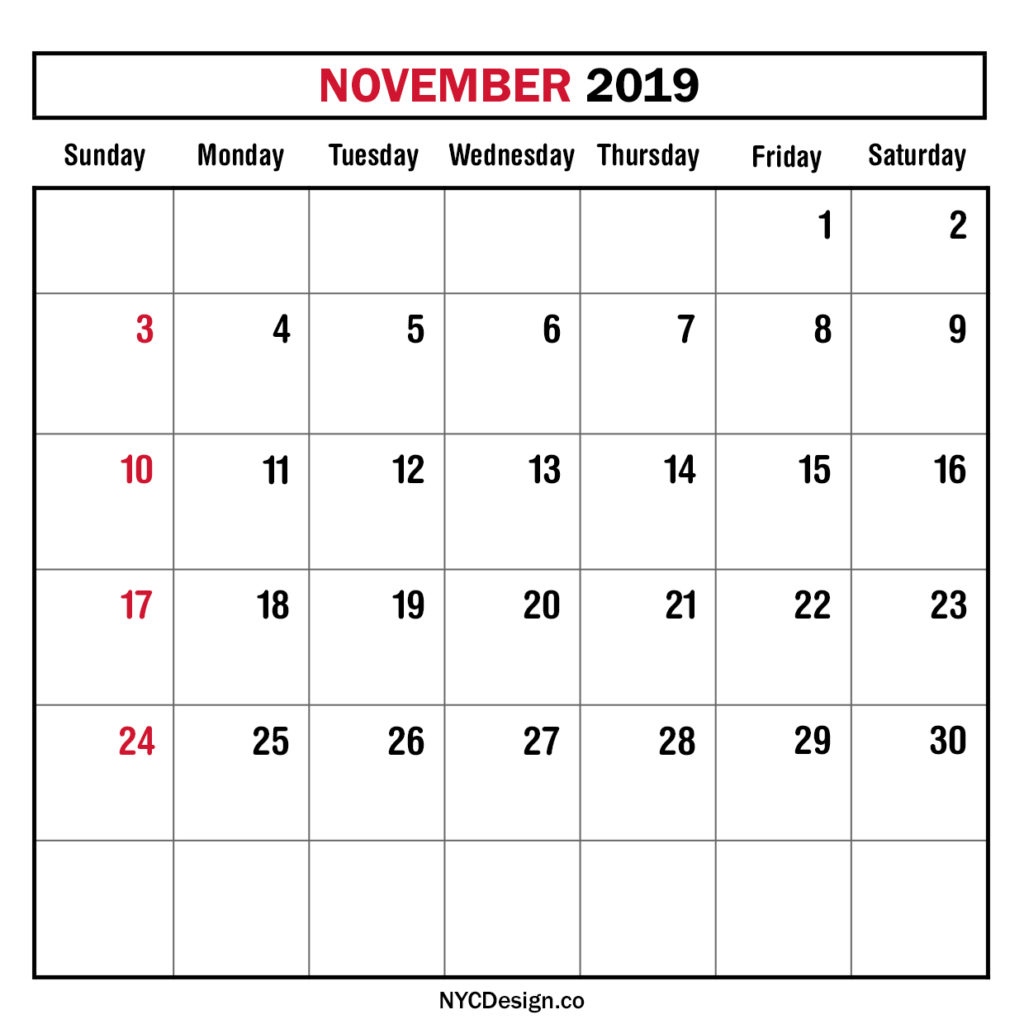 Monthly Calendar November 2019, Monthly Planner, Printable