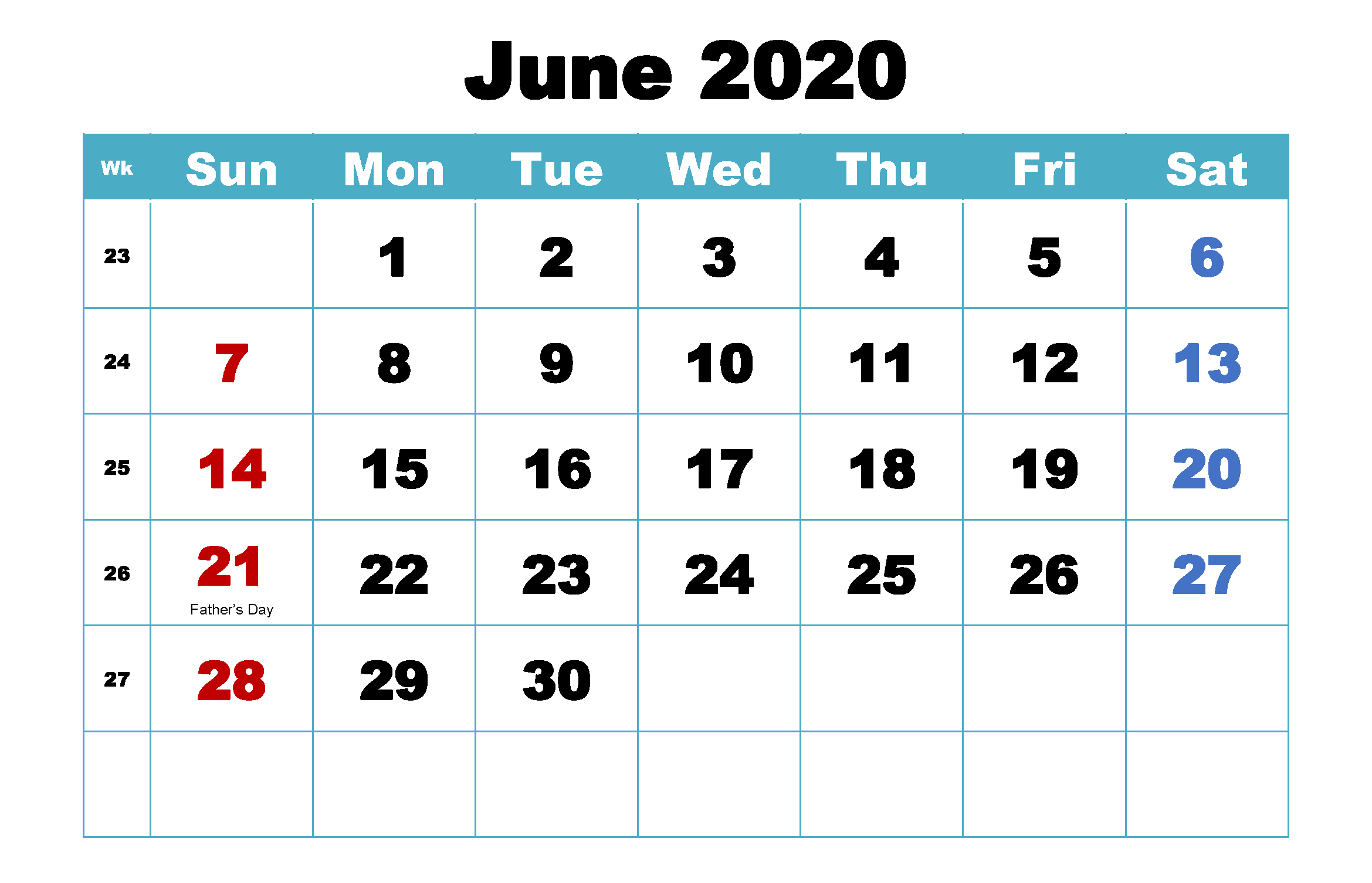 Monthly June Calendar 2020 Printable Editable Template