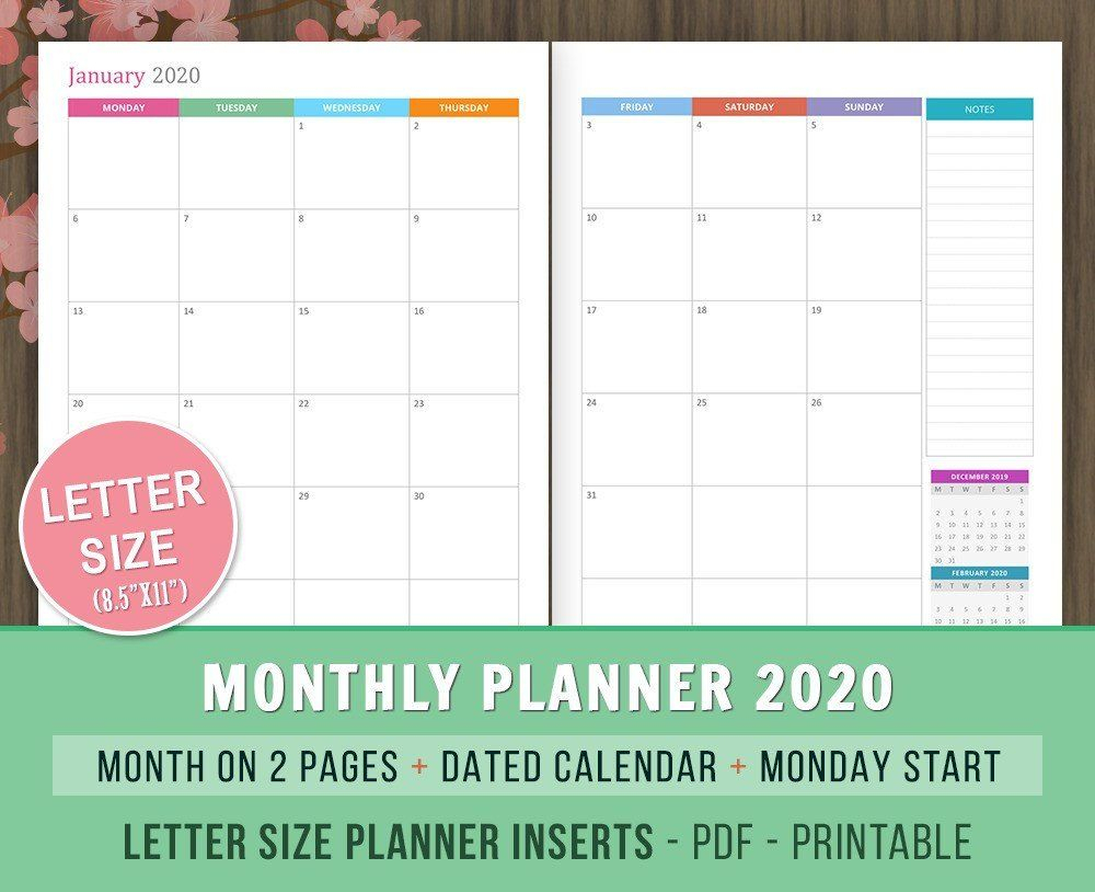 Monthly #planner 2020 #inserts, Month On 2 #pages, Dated