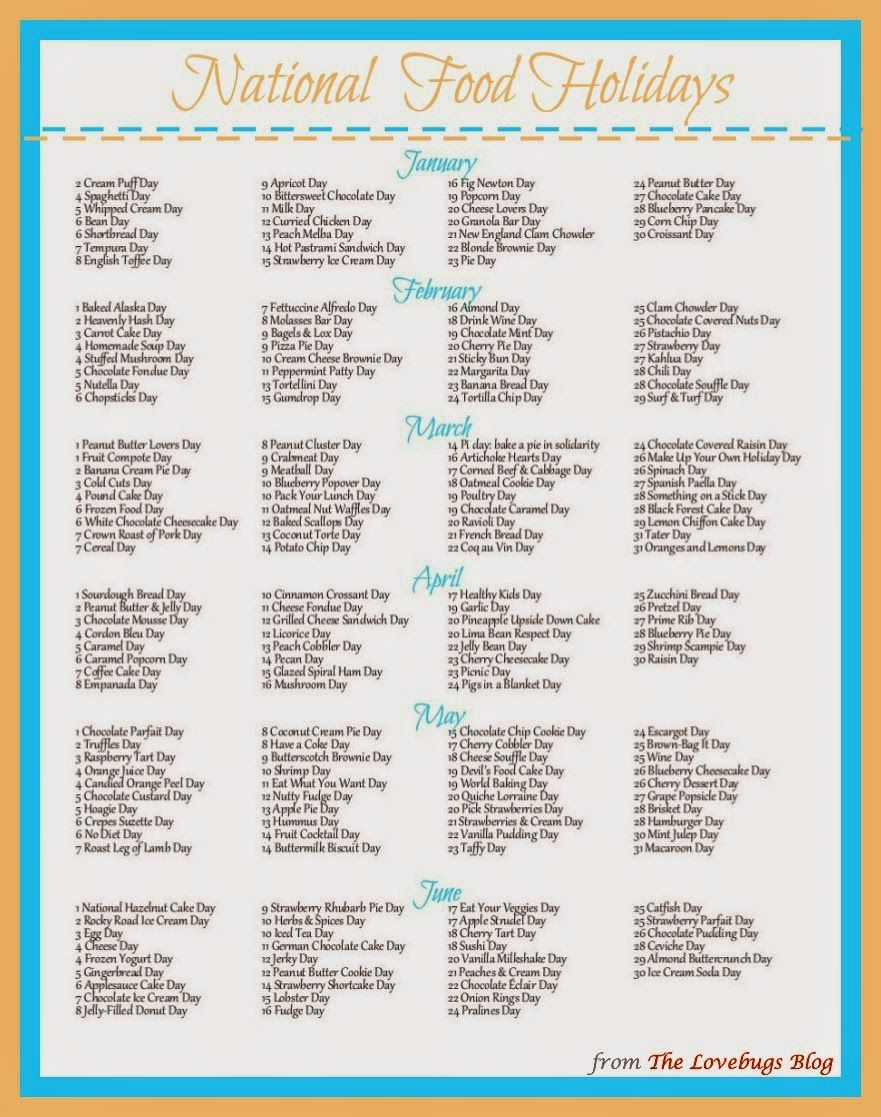 National Monthly Calendar For Food