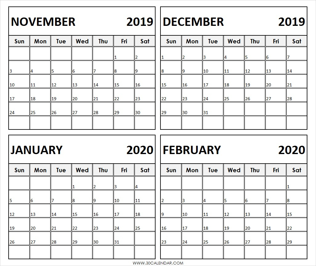 November 2019 To February 2020 Calendar | 4 Months Printable